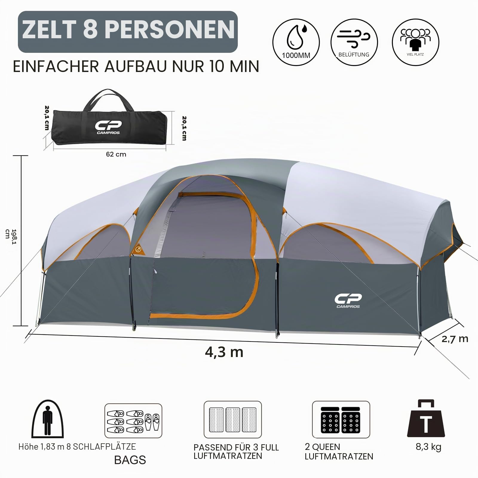 CAMPROS CP Camping Zelt 6-8 Personen, großes Familienzelt 427 x 274 x 183 cm, 2 Räume mit Trennwand, Stehhöhe, schneller Aufbau in 5 Minuten, Gute Belüftung, Outdoor Zelt für Familie