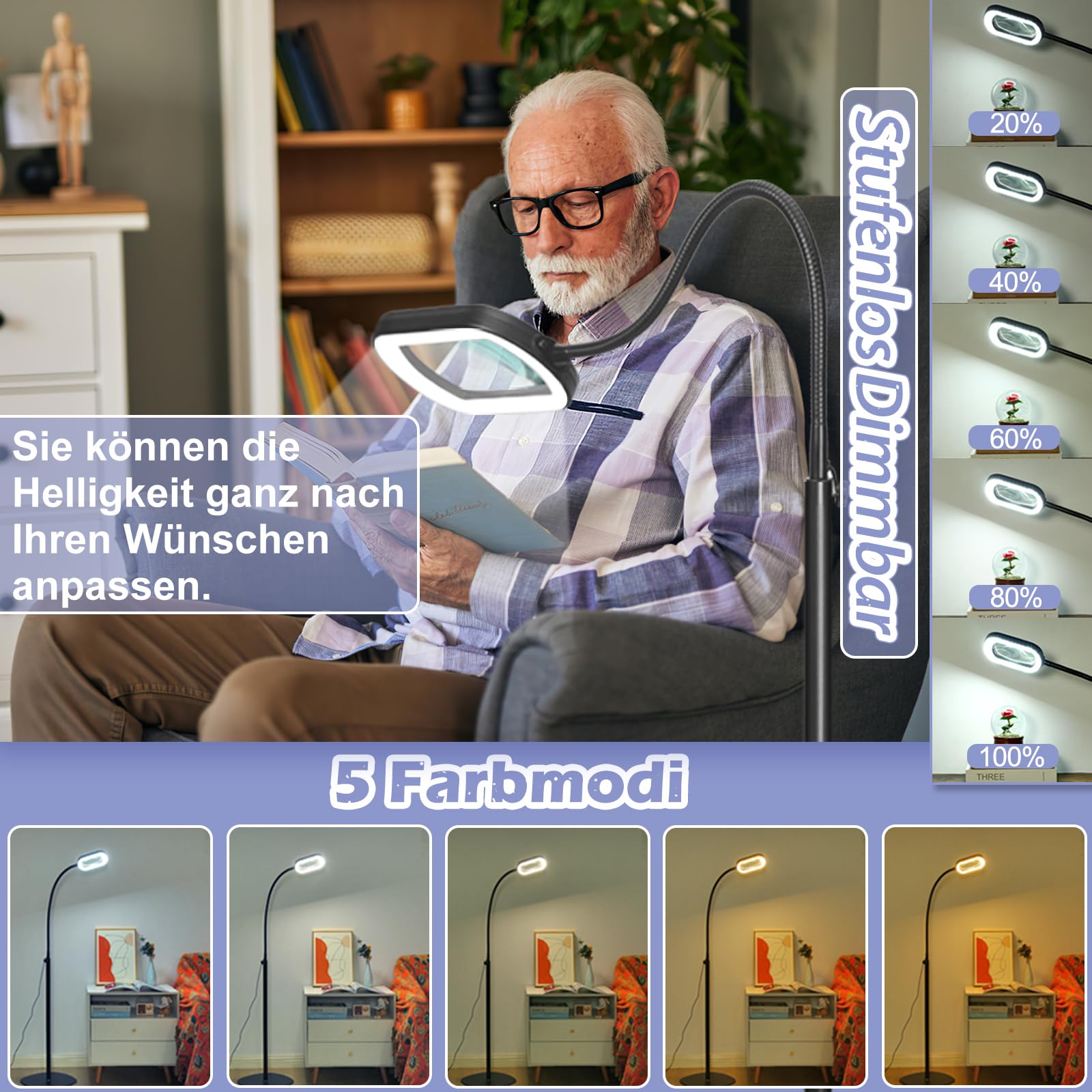 12X Rechteckige Lupe mit Licht und Ständer, 24-Zoll Flexibler Schwanenhals-Vergrößerungslampe mit Ständer, 5 Farbmodi stufenlos dimmbar, 3-in-1 LED-Vergrößerungslampe freihändig für Naharbeit, Lesen