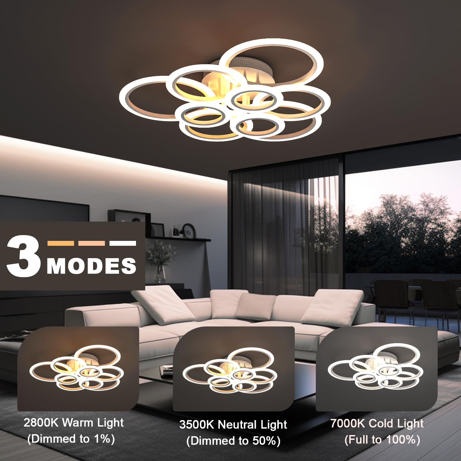Moderna Lampara de Techo LED, Regulación Continua Lámparas de Techo Salon, Mando a distancia y Anillo Acrílico Smart App Control Lamparas Techo Para Salón Comedor Dormitorio (Blanco, 9 Anillos)