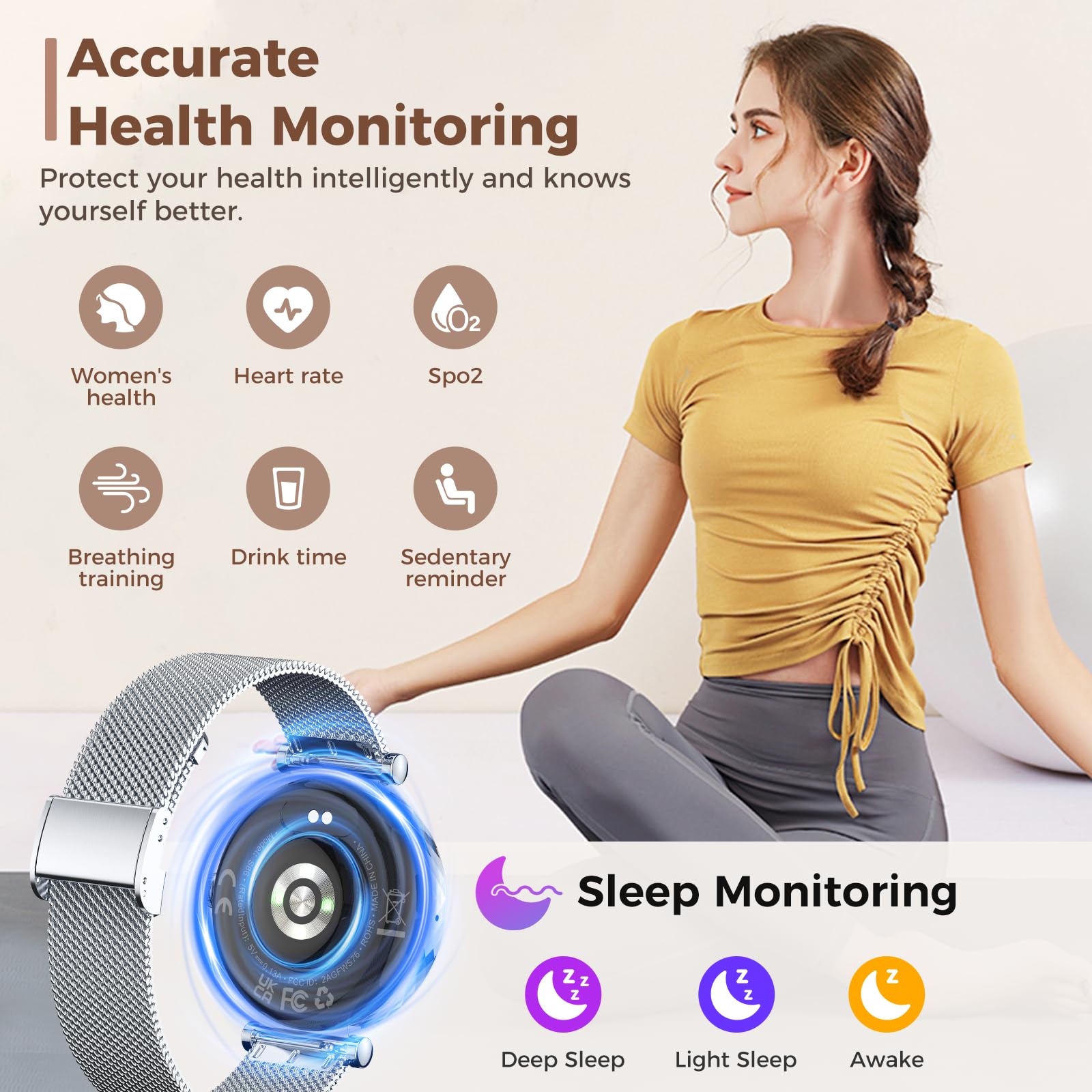 Matast Montre Connectée Femme Appel Bluetooth 1.19" AMOLED Smartwatch Santé Cycle Menstruel SpO2 Suivi Sommeil 110+ Modes Sport IP68 Étanche