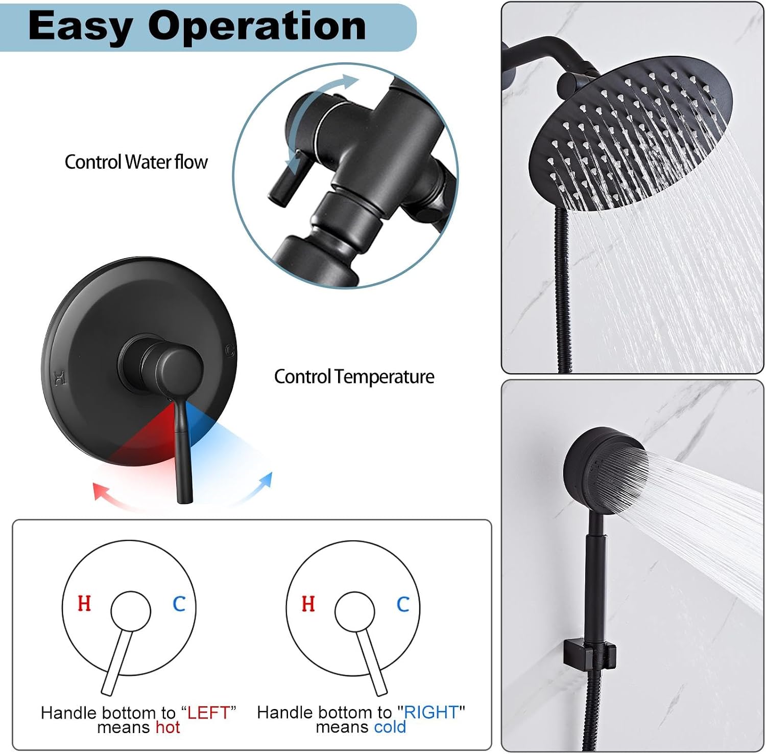 HUCKLE Shower Faucet Set, 8" Round Rain Shower Head and Handheld Sprayer image 2