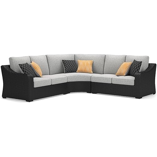 Signature Design by Ashley Beachcroft Curved Modern 3-Piece Outdoor Sectional with Cushion and 6 Throw Pillows, Light Gray