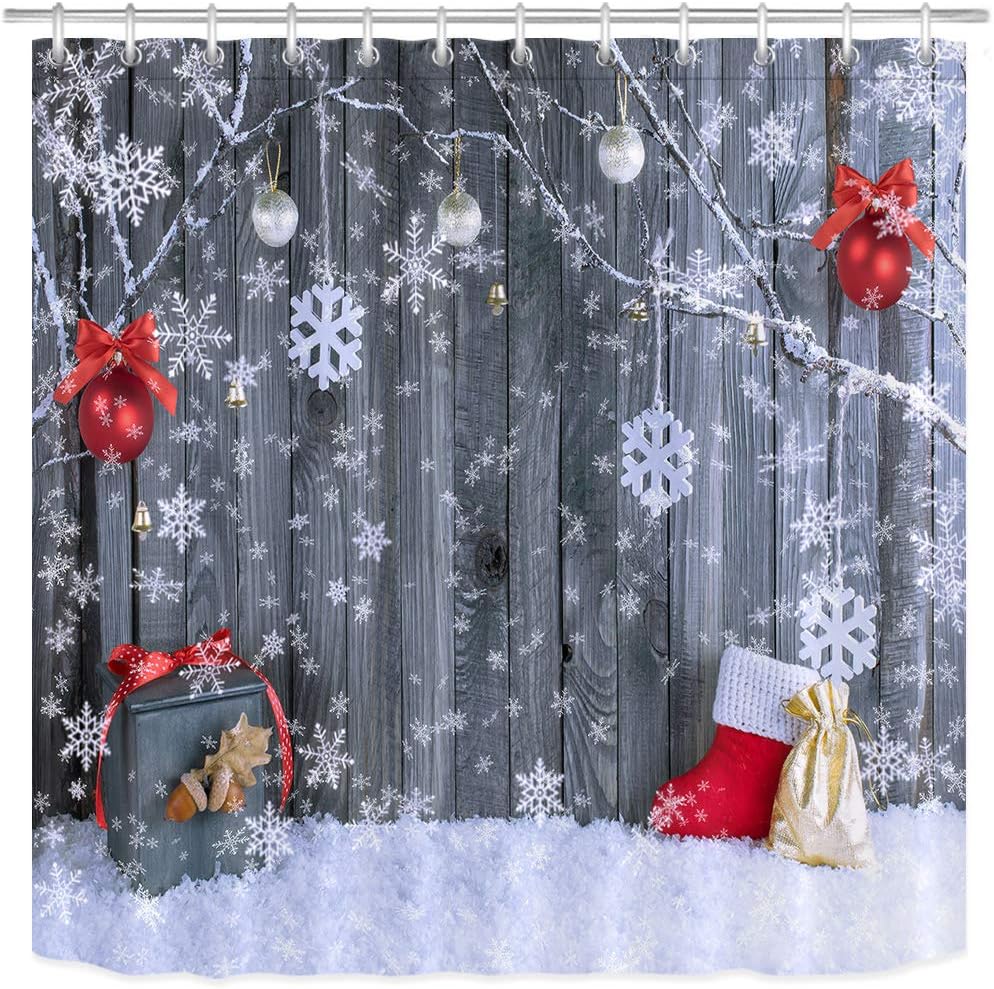 LB Merry Christmas Ornaments Shower Curtain Snowflakes Pattern Hang on Branch with Xmas Balls Decorations on Grey Snow Board Winter Holiday Shower Curtains 78x72 Inch Polyester Fabric with 12 Hooks