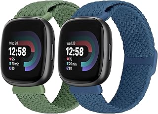 BTTNG Elastic Braided Bands Compatible with Fitbit Versa 3/Versa 4/Sense 2/Sense Women Men, 2 Pack Adjustable Stretchy Nylon Bracelets Solo Loop Sports Wristband for Versa 3/Versa 4/Sense 2/Sense