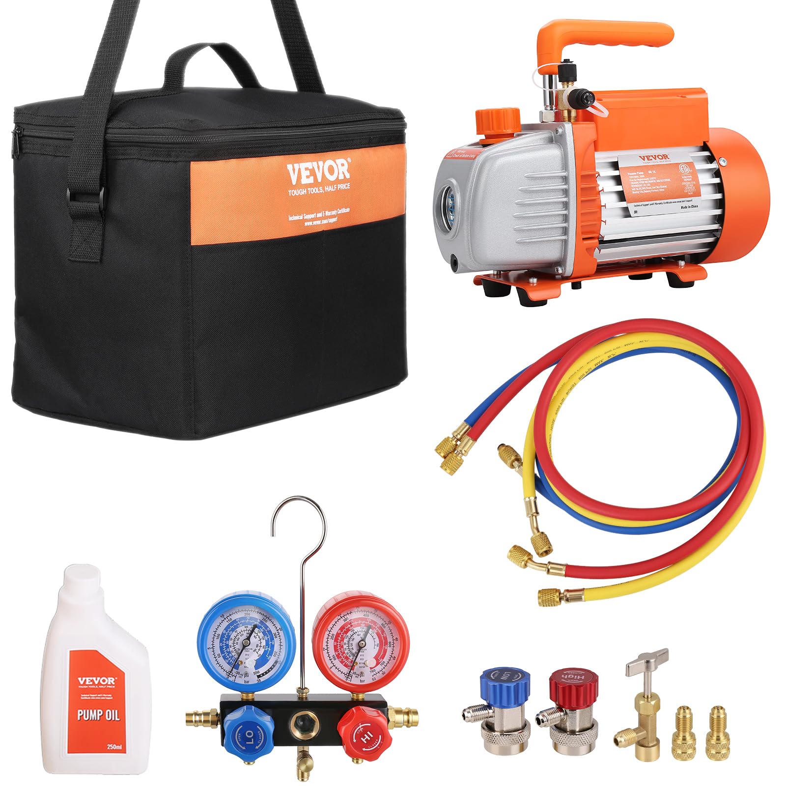VEVOR Kit Pompa a Vuoto Monostadio per Aria Condizionata di Automobili 150W Pressione tra 55-276 bar, Kit Pompa Vuoto 100 L/min per Riparazione di Condizionatore Frigo Refrigeranti HVAC