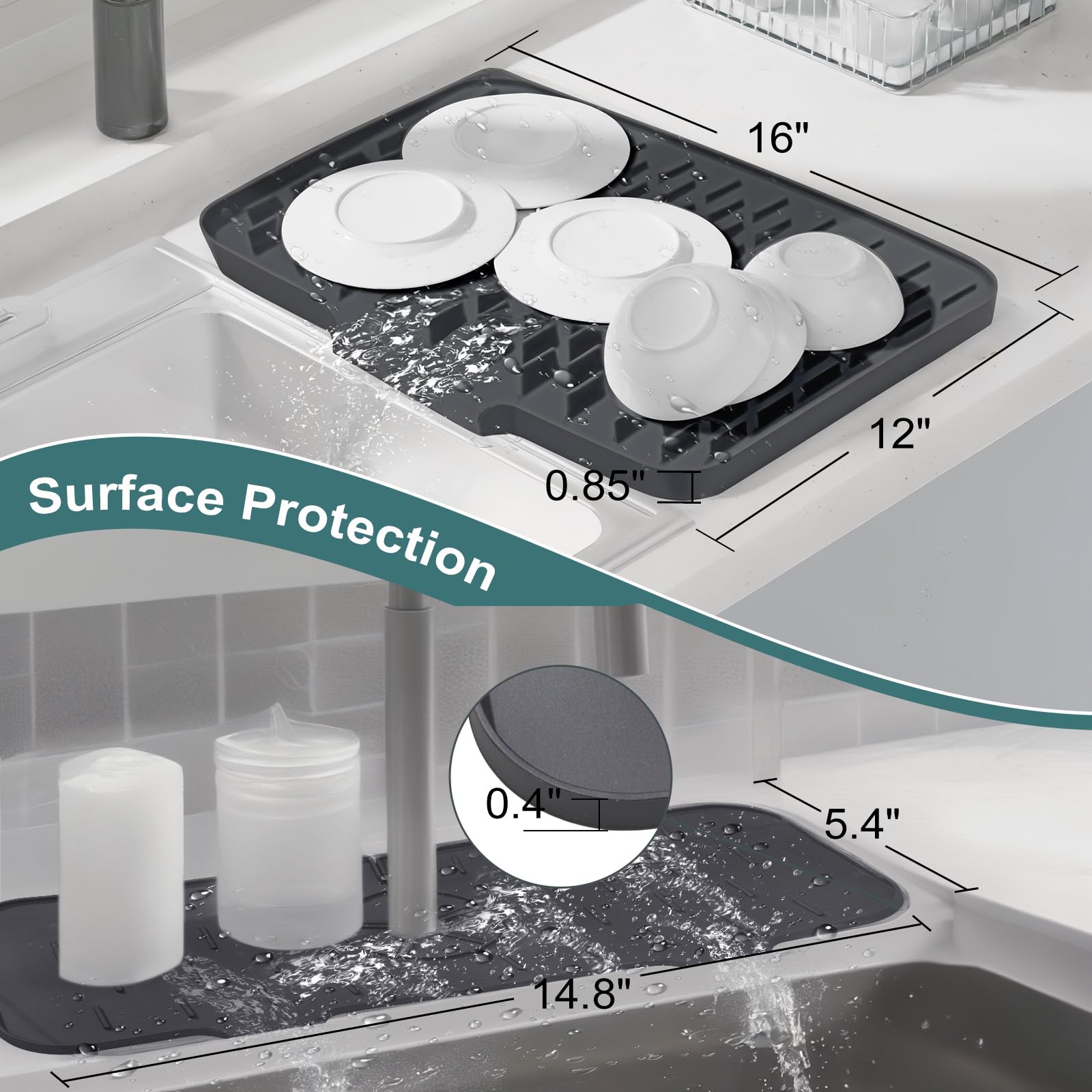 Dish Drying Mat for Kitchen Counter with Built-in Drain Lip and Kitchen Sink Splash Guard, Food-Grade Silicone, Easy Clean Pad for Countertop Protection, Multi-Functional Use, 2pack (Black, Large)