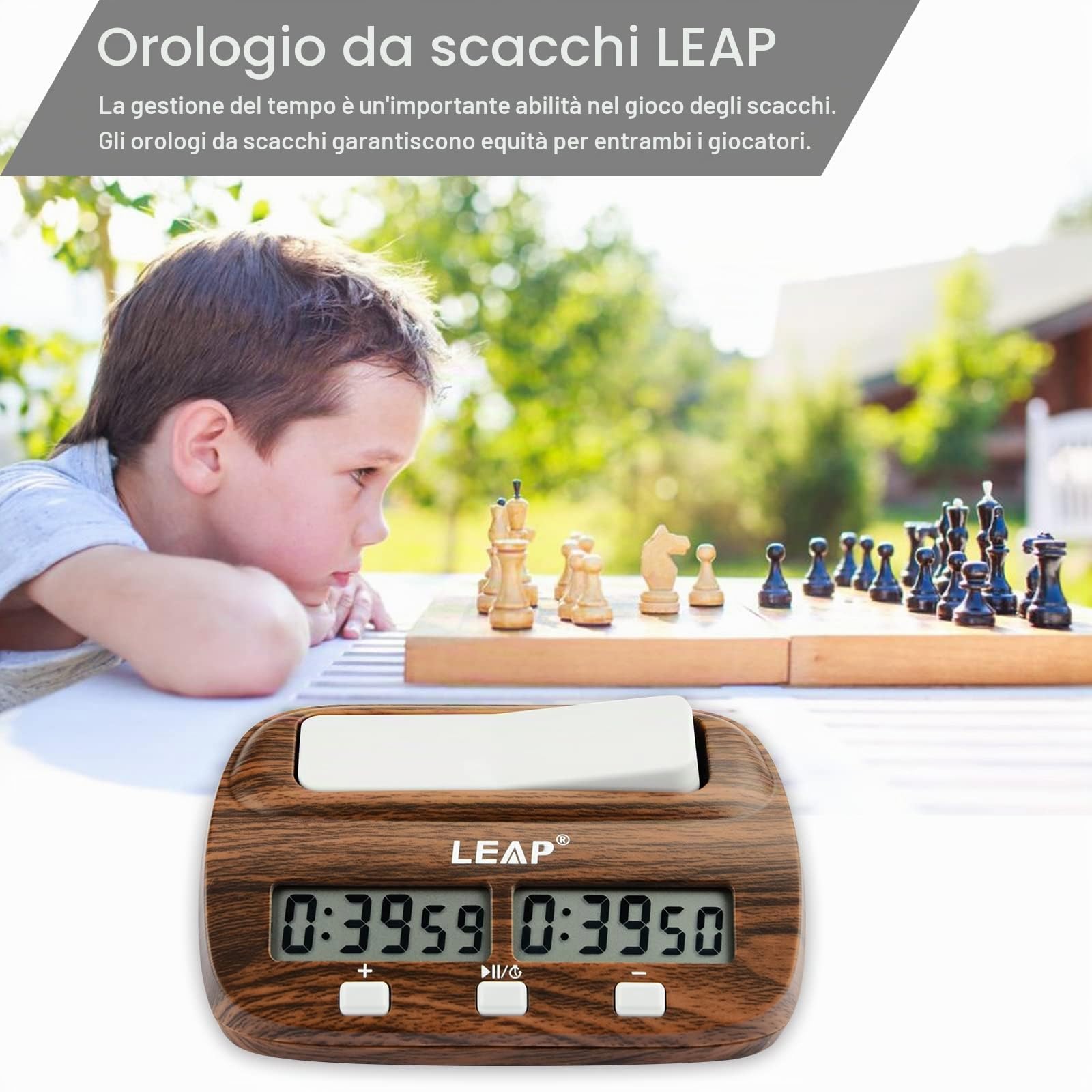 LEAP Orologio a scacchi con allarme conto alla rovescia e funzioni di ritardo per scacchi e giochi da tavolo per 2 giocatori, aspetto classico con venature del legno