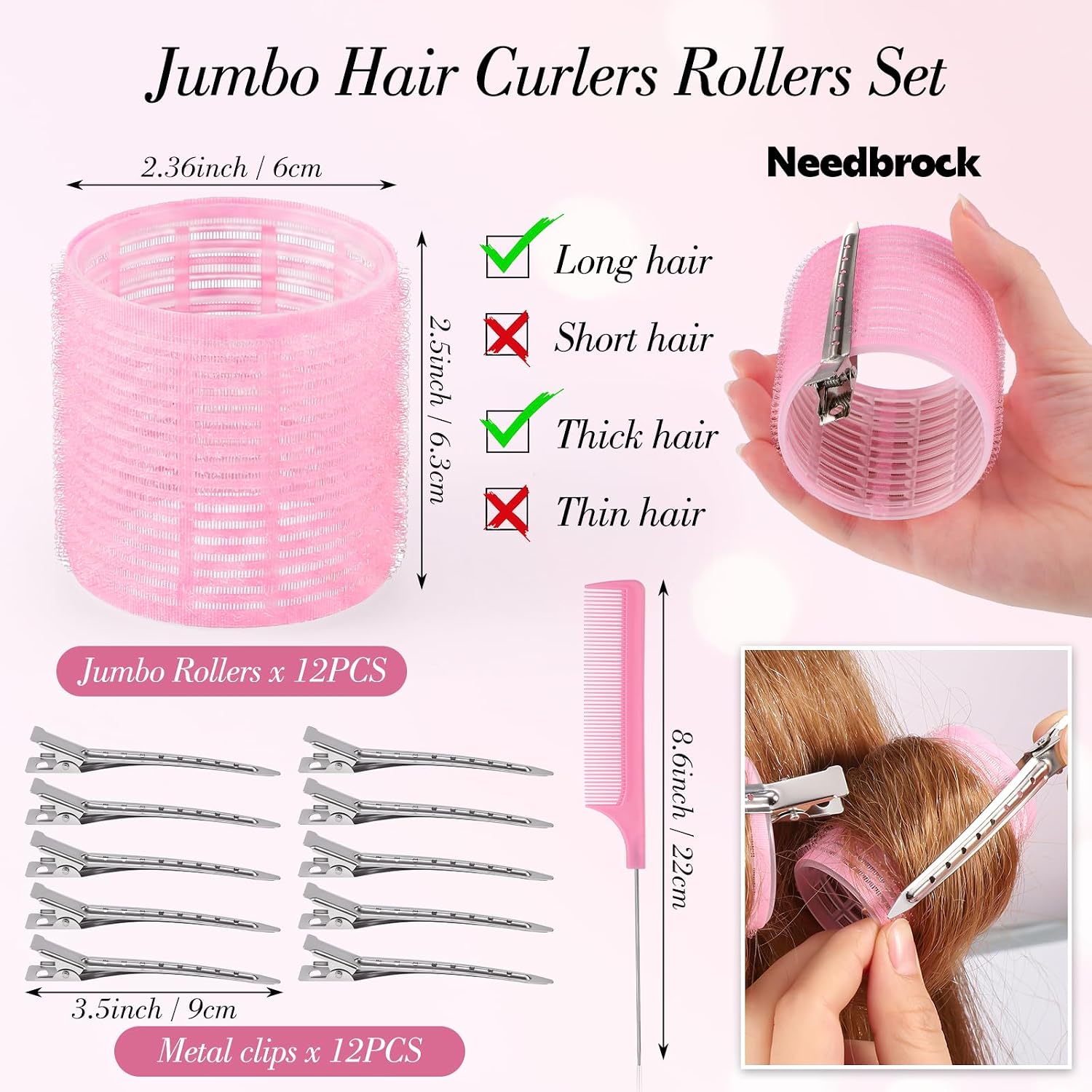 Jumbo Hair Curlers Rollers Set, 12Pcs 60mm Large Hair Rollers with Clips Comb for Women Long Thick Hair Curlers Volume - Home Travel Hair Styling Accessories Gifts (Pink)