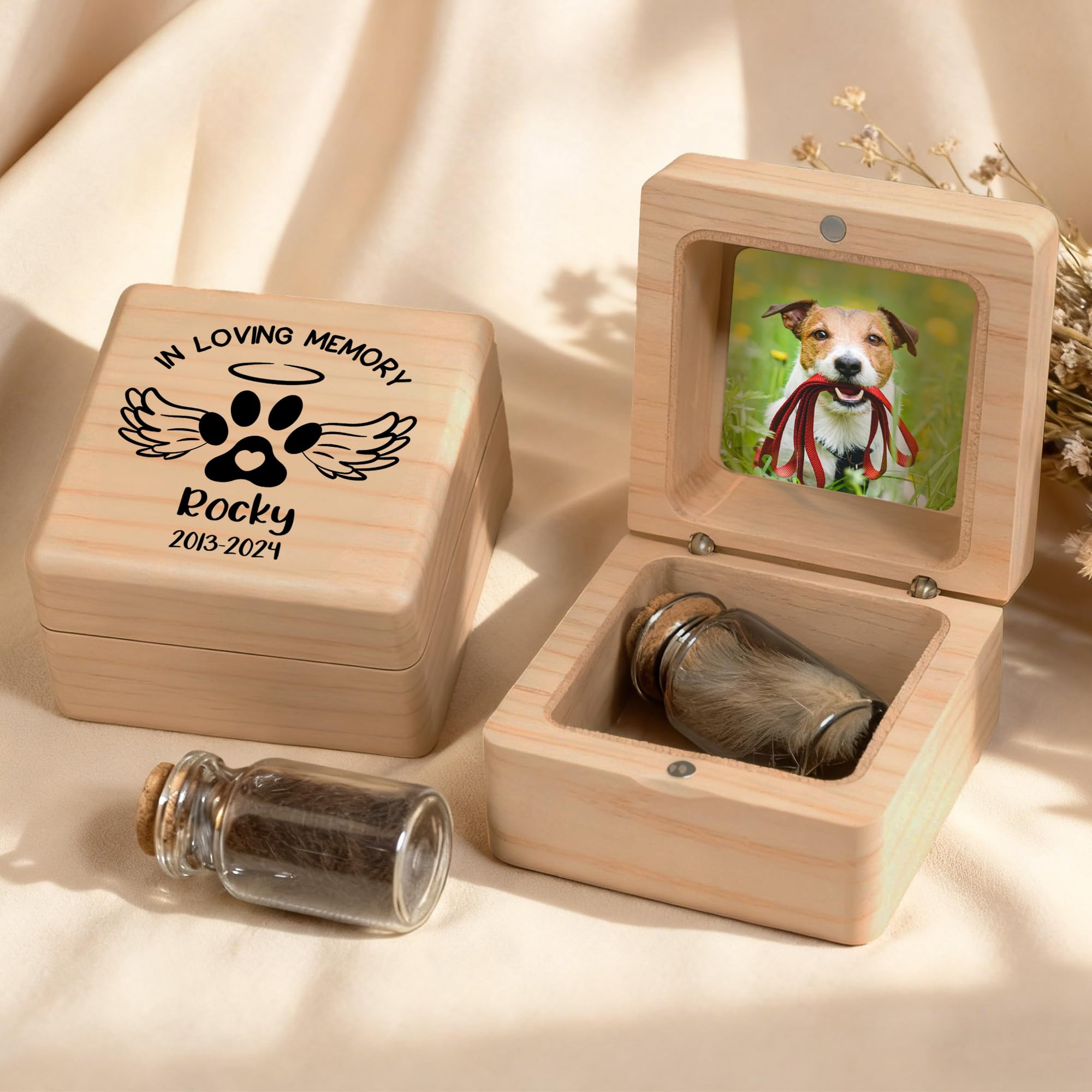 CALLIE Personalised Photo Pet Fur Keepsake Bottle with Name and Year, Wooden Magnetic Wings Paw Print Custom Keepsake Box for Pet Loss Remembrance, Dogs Cats Sympathy Memorial Gifts for Pet Owners