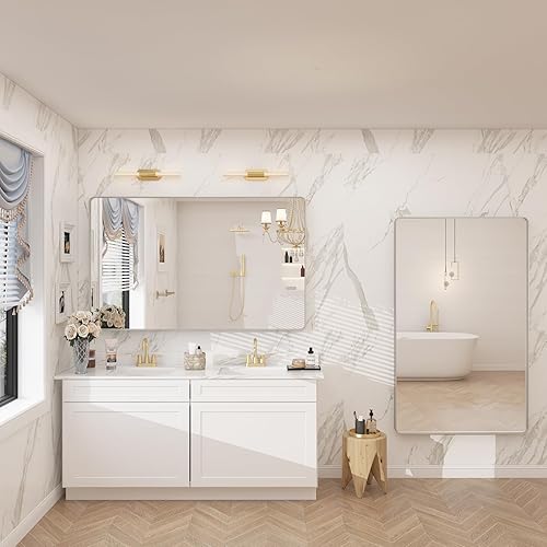 Miniatura 6 de Espejo de baño plateado de 48 x 32 pulgadas para pared, espejo de tocador de baño con marco de metal cepillado, espejo rectangular moderno, esquinas