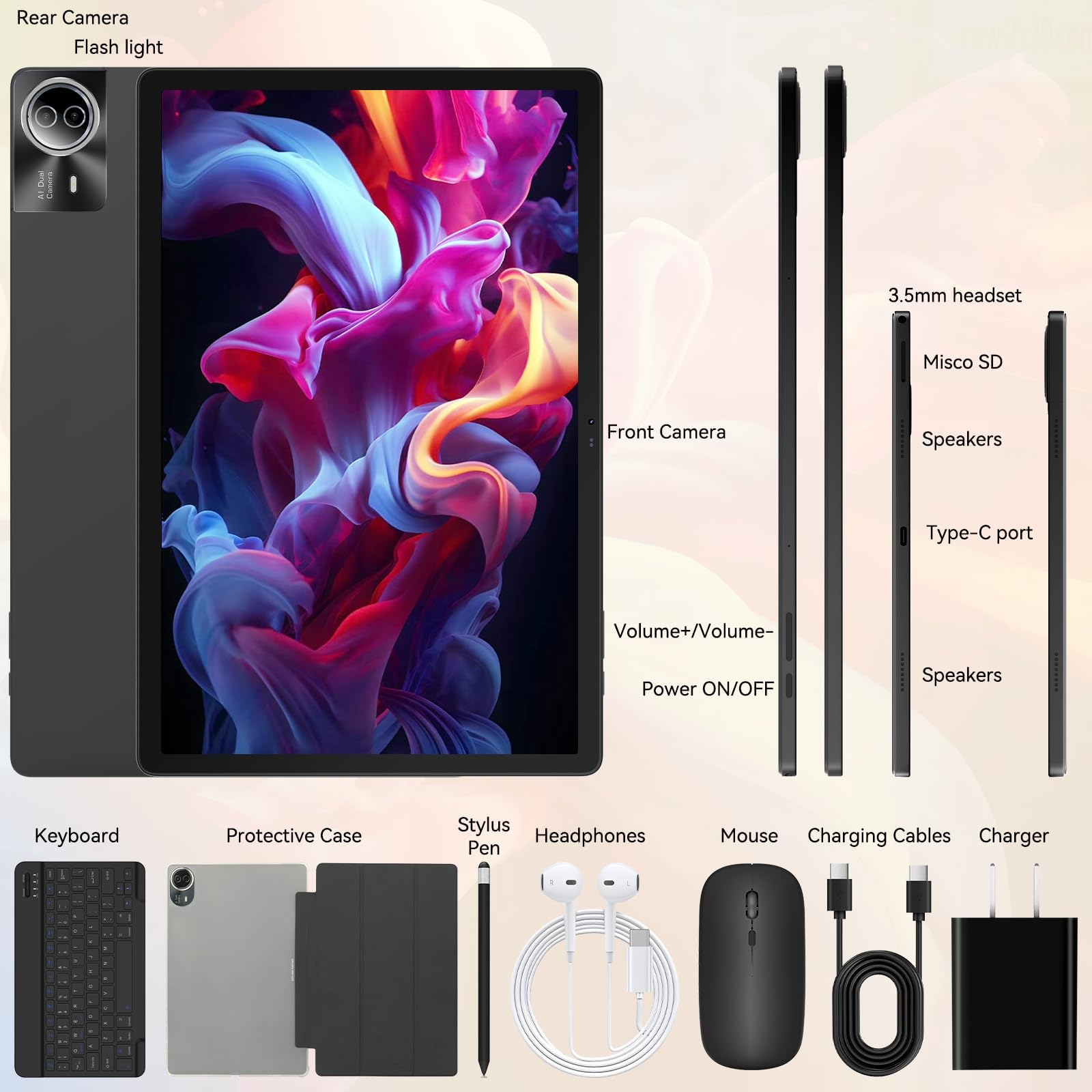 Ainmel 14 inch Tablet Android 15, 30GB+256GB(TF 1TB) Tablet with Pen and Keyboard, Octa-Core,10000mAh, Widevine L1, WiFi 6,1920x1200 IPS FHD, Dual Camera Tablets PC with Mouse Case Earphone (Black) — view 7