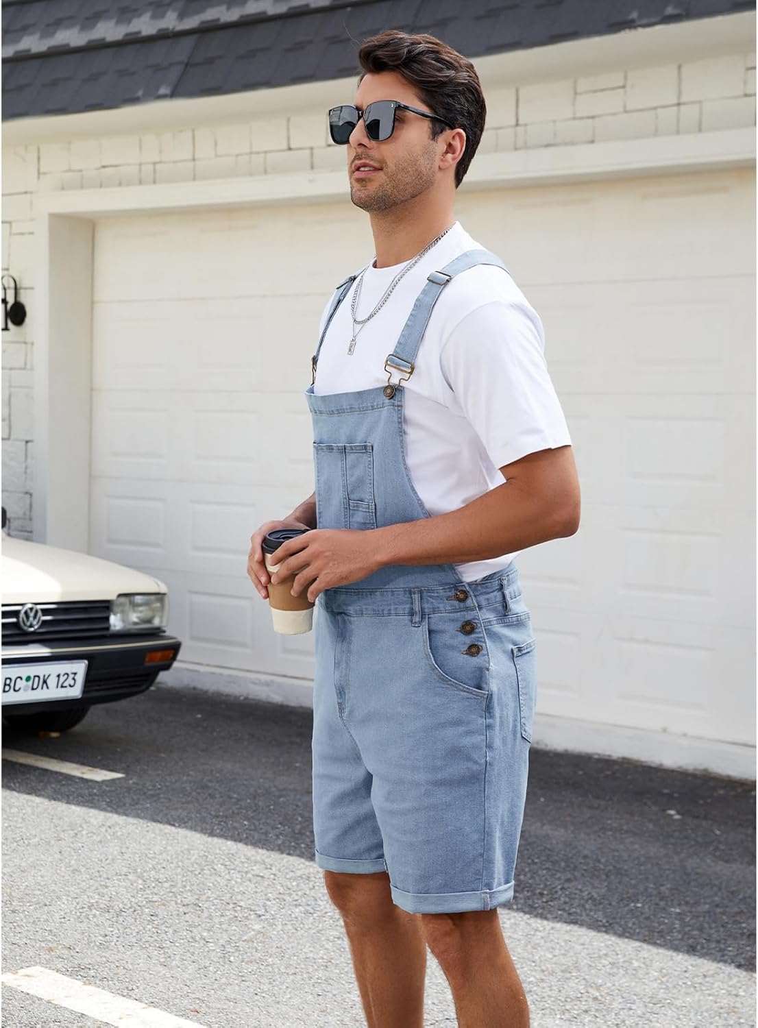 Mens Denim Shorts Bib Overall Jean Romper Casual Loose Fit Walkshort Summer Jumpsuit Coveralls with Zipper - Image 6
