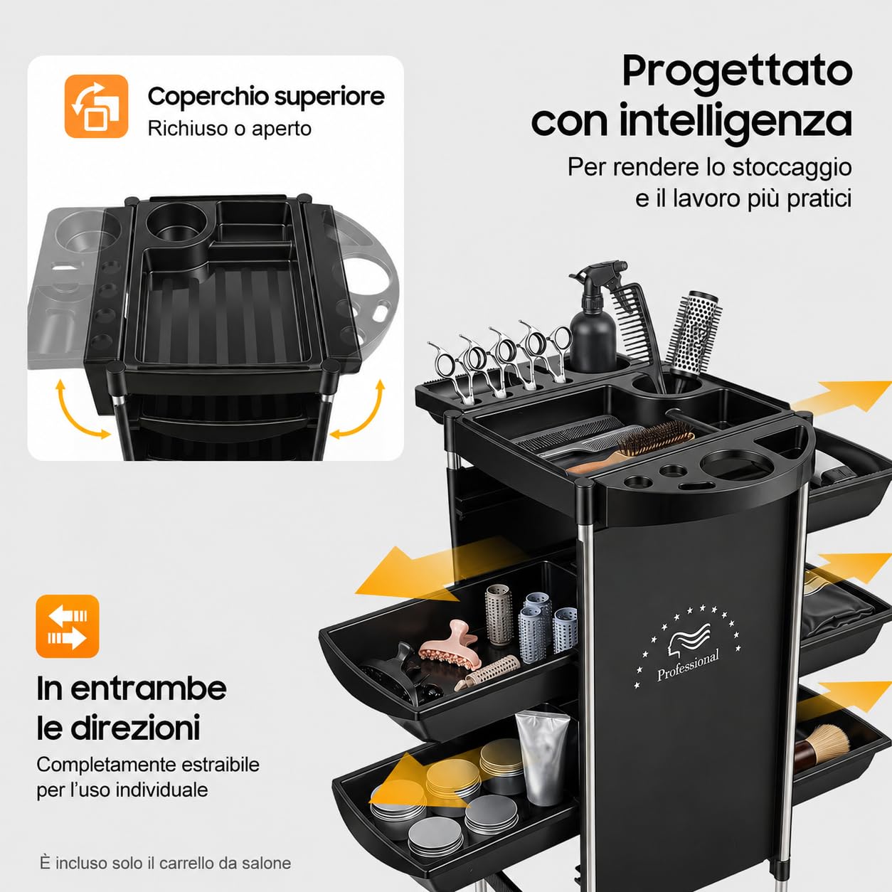 Carrello da Parrucchiere con Ruote, 36 x 85,5 cm, 5 Cassetti, Rettangolare, 6-Etagen Carrello Estetista con Aperture Multiple per Parrucchieri, Gioielli, Cosmetici, Salone di Bellezza, SPA