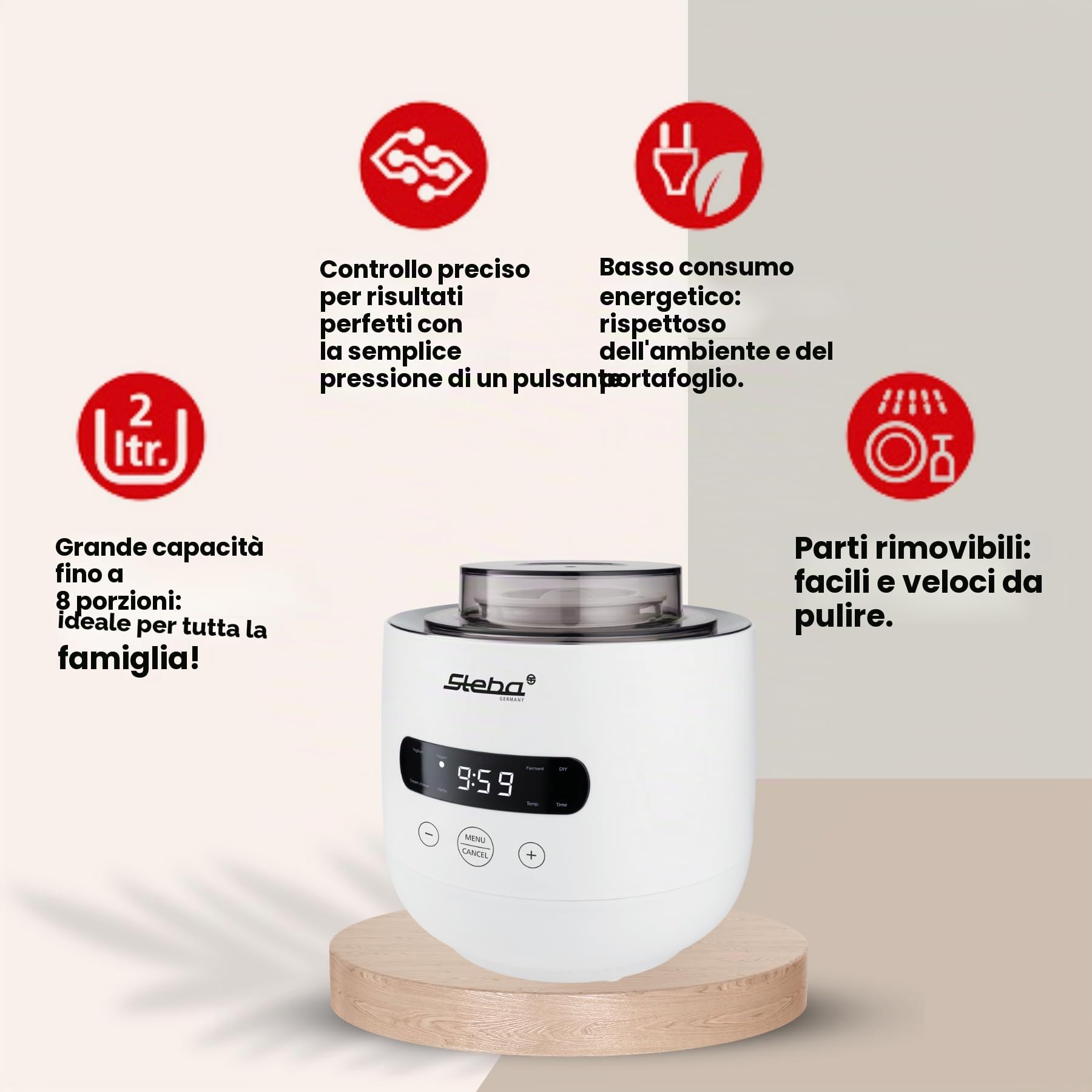 Steba JM 4 - Bicchiere per yogurt da 2 l, 1 bicchiere per yogurt da 1,3 l, 5 programmi automatici, facile da pulire, JM 4