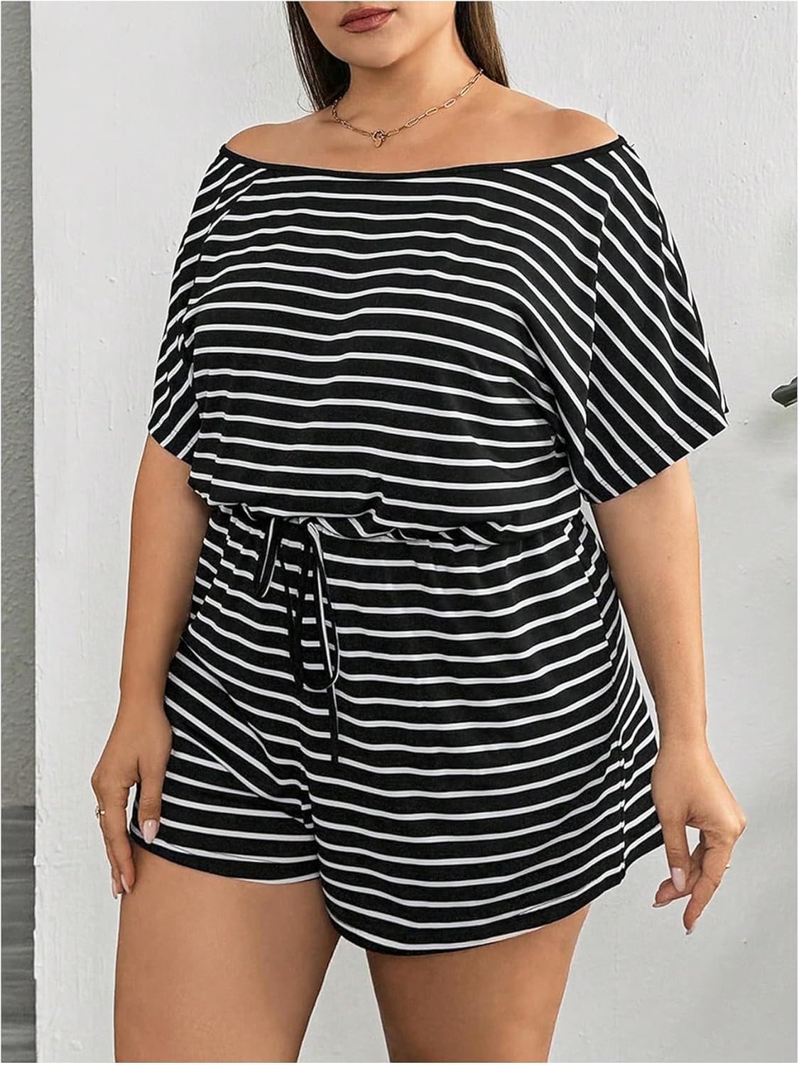 Verdusa Women's Plus Size Off The Shoulder One Piece Rompers Summer Vacation Outfits Tied Knot Short Jumpsuits with Pockets - Image 3