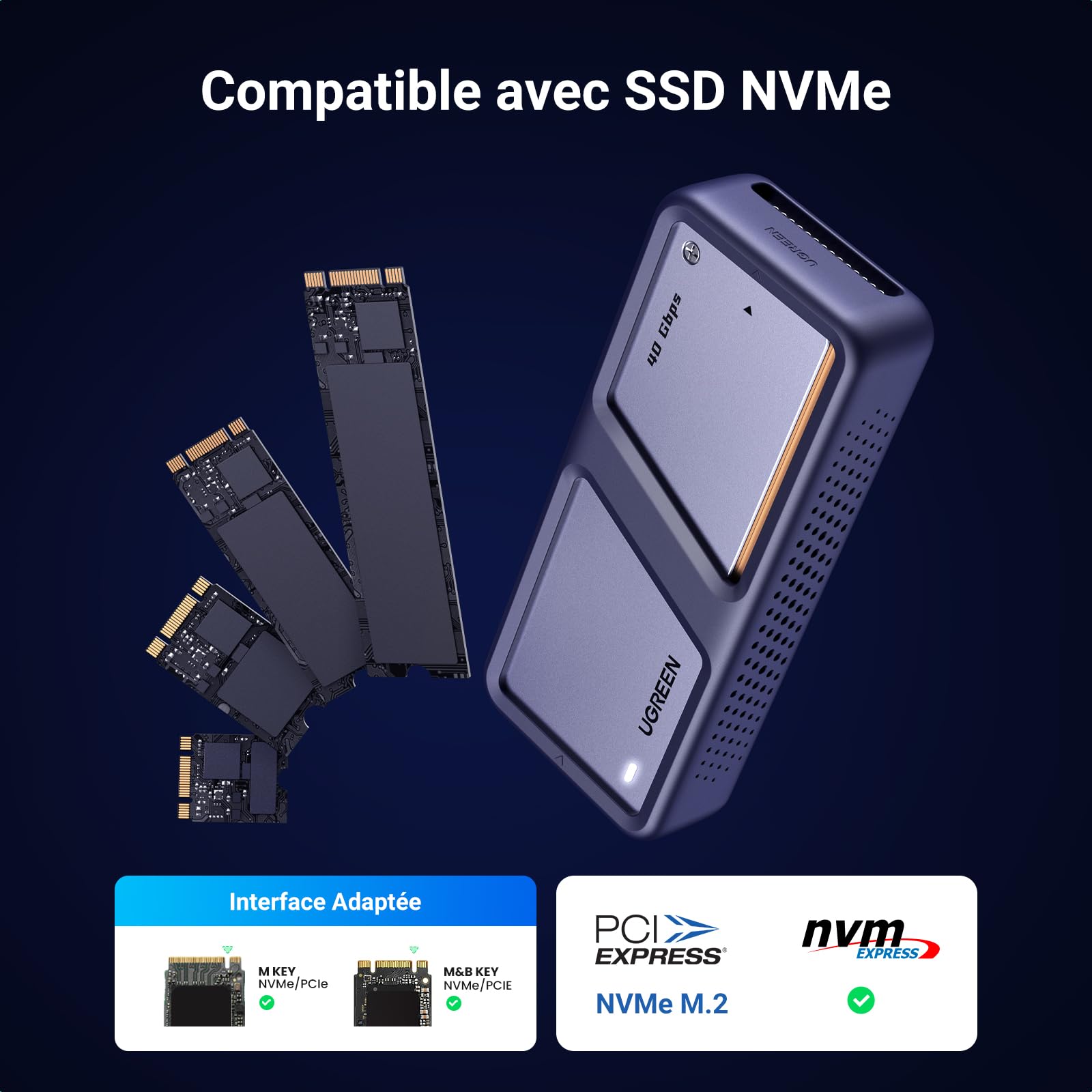 UGREEN Boîtier M.2 SSD NVMe 40 Gbps USB Adaptateur Disque Dur Externe PCIe Aluminium M2 2230 2242 2260 2280 Supporte Thunderbolt 3/ 4 Compatible avec iPhone 17 Pro Max Air Mac MacBook PC PS5 Xbox