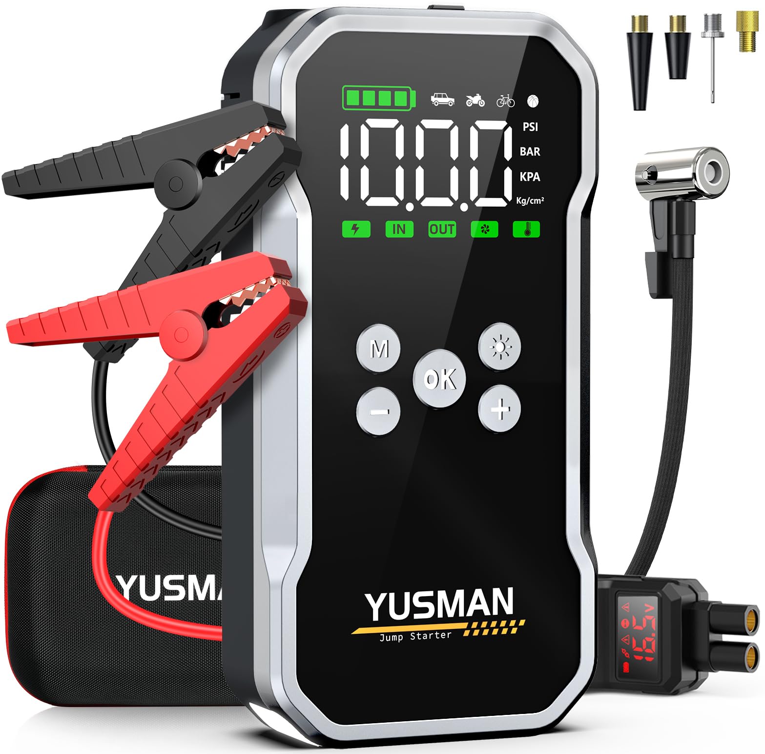 Jump Starter with Air Compressor, 8000A 160PSI Jump Starter Pack (10.0 Gas/7.0L Diesel), 12V Car Jump Starter, Battery Jump Starter with Display, Smart Jumper Cables, 2 LED Light