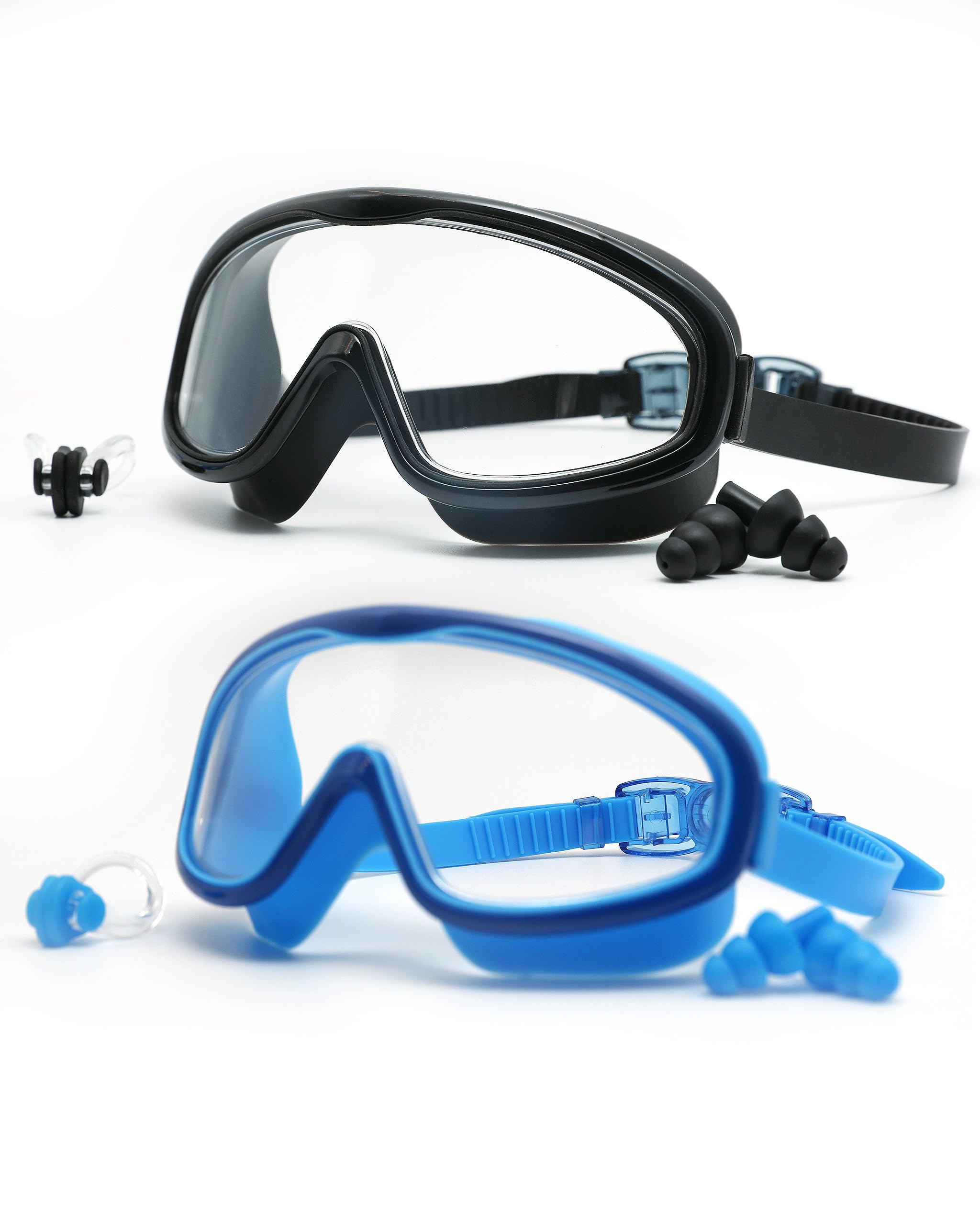 Gafas de natación con revestimiento antivaho, protección UV, paquete de 2 con tapones para los oídos, negro y azul
