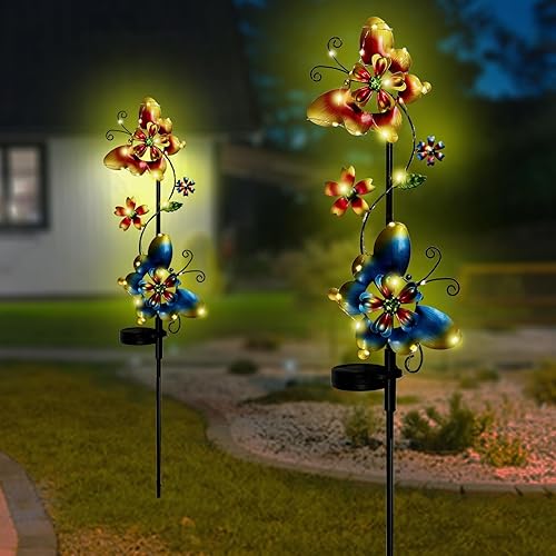 Miniatura 8 de Yhthoha Luces solares de jardín, paquete de 2 luces solares de mariposa para exteriores, decoración de jardín, impermeable, luces solares de estaca
