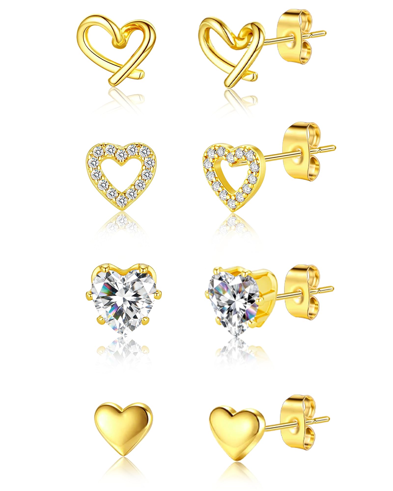 5 Pairs 14K Gold Plated Stud Earrings for Women, CZ Multiple Piercing Set