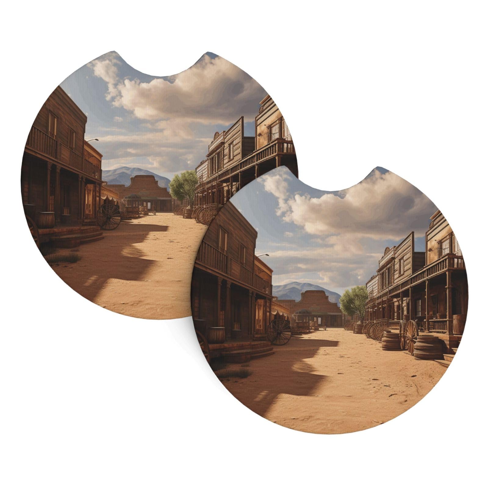2 Pack Car Coaster for Cup Holders Old Wild West Cowboy Town Car Cup Coaster 2.7" Neoprene Non-Slip Automotive Cup Mat Universal Auto Car Interior Accessories for Women Men Cup Pad