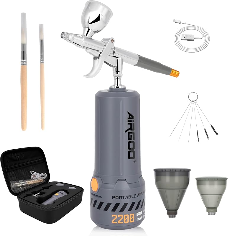 Airgoo Portable Airbrush Kit with Air Compressor MK430-116E with 0.3mm Nozzle, Cordless Airbrush Gun Set with Replaceable 5cc/10cc/20cc Fluid Cups for Makeup, Crafts, Tattoo, Modeling, Cake Decor