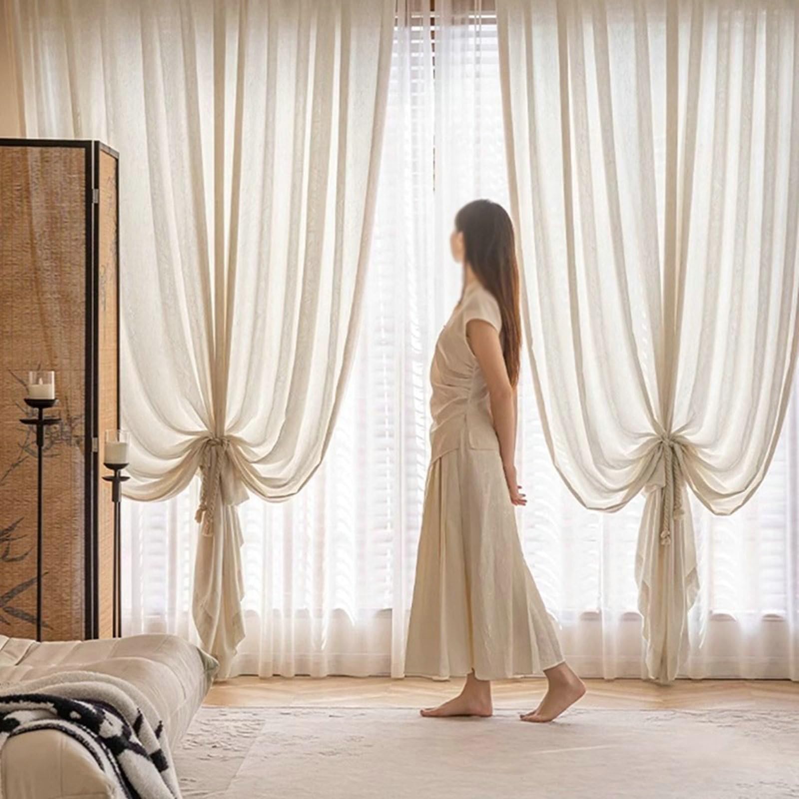 Rideaux Voilages Salon, 96x160cm Couleur Unie avec Textures géométriques Rideaux et tentures élégants pour Salon, Chambre à Coucher 2 Panneaux en Chanvre, Beige