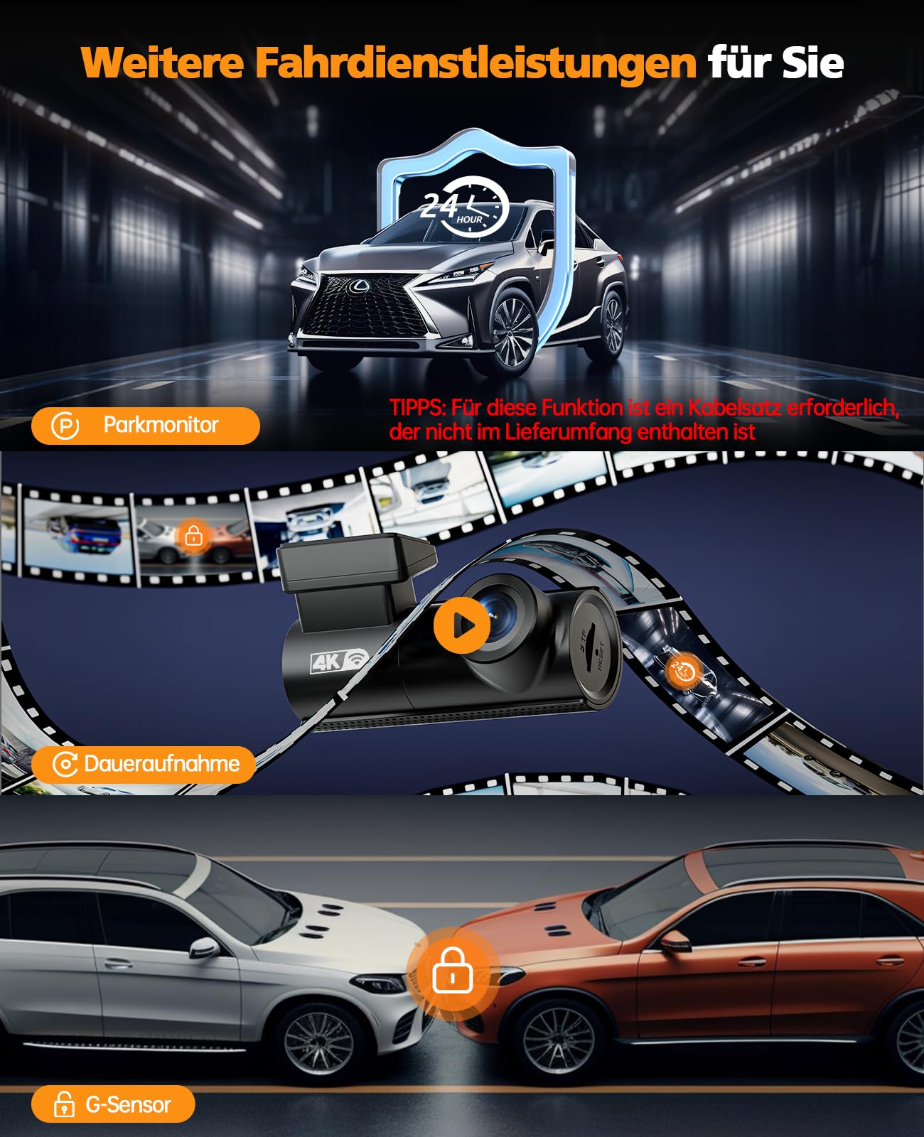 LAMTTO Dashcam anteriore per auto, 4K, con scheda WiFi SD, WDR, visione notturna, sensore G | Mini dash cam 4K UHD con registrazione in loop, grandangolo di 170°