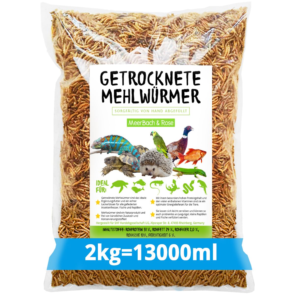 Meerbach & Rose Mehlwürmer getrocknet, 2kg (entspricht 13 Litern) getrocknete Mehlwürmer, proteinreicher Snack für Wildvögel, Fische, Reptilien und Nager