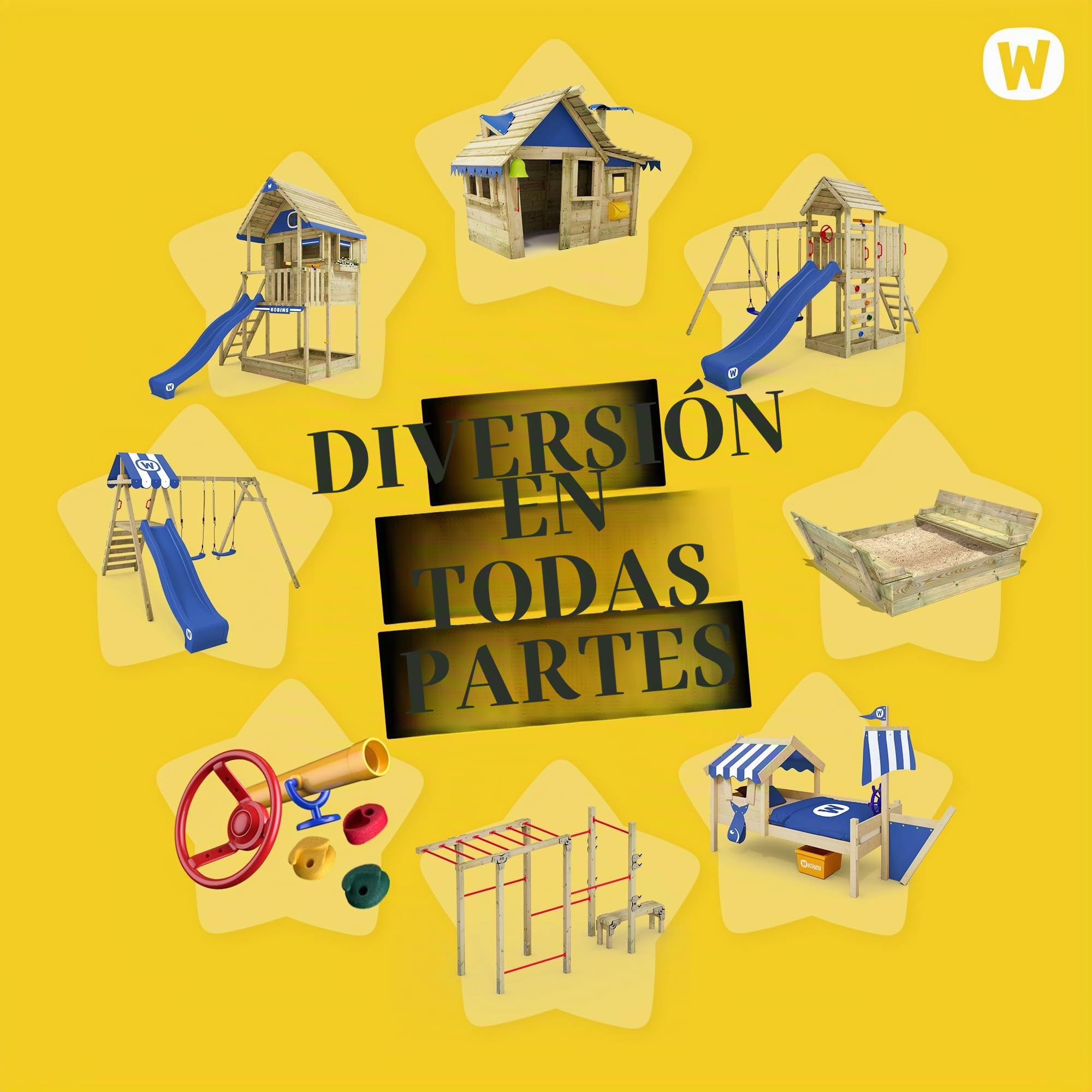 WICKEY Parque infantil de Escalada TurboFlyer con Columpio y Tobogán Azul, Torre de Escalada para Niños al Aire Libre con Arenero, Escalera y Accesorios de Juego para el Jardín