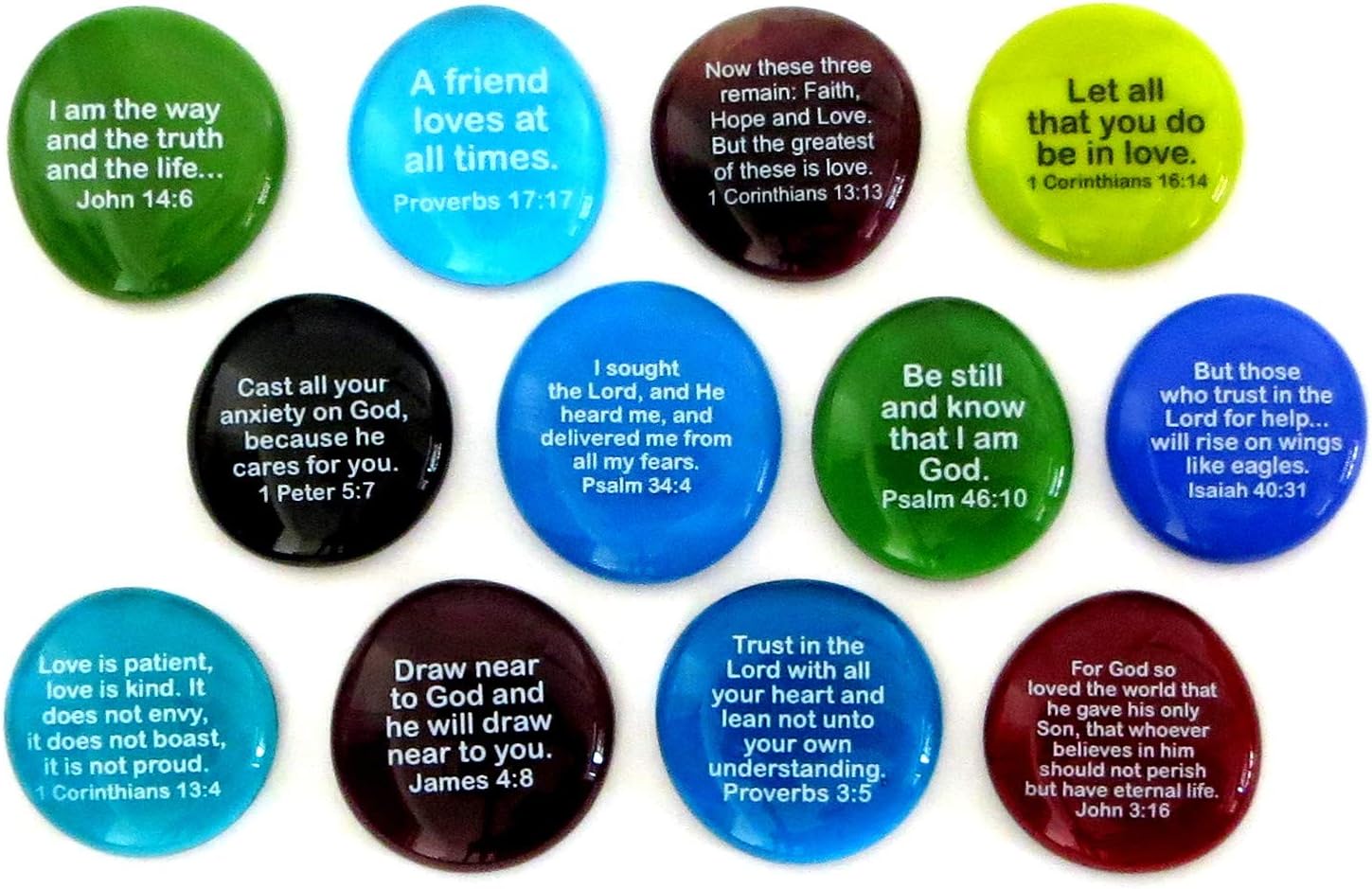 Lifeforce Glass Scripture Glass Stones, 12 of Your Favorite Inspiring Bible Verses on Translucent and Opaque Rocks, Set II.