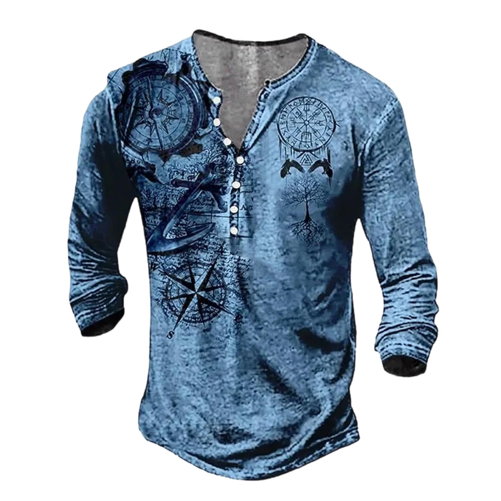 Men's Gothic Nordic Mythology T Shirts Retro Printed V Neck Lace Up Long Sleeve Pullover Vintage Distressed Henley Shirt Top Street Tshirt Sports Shirt, blue, 4XL