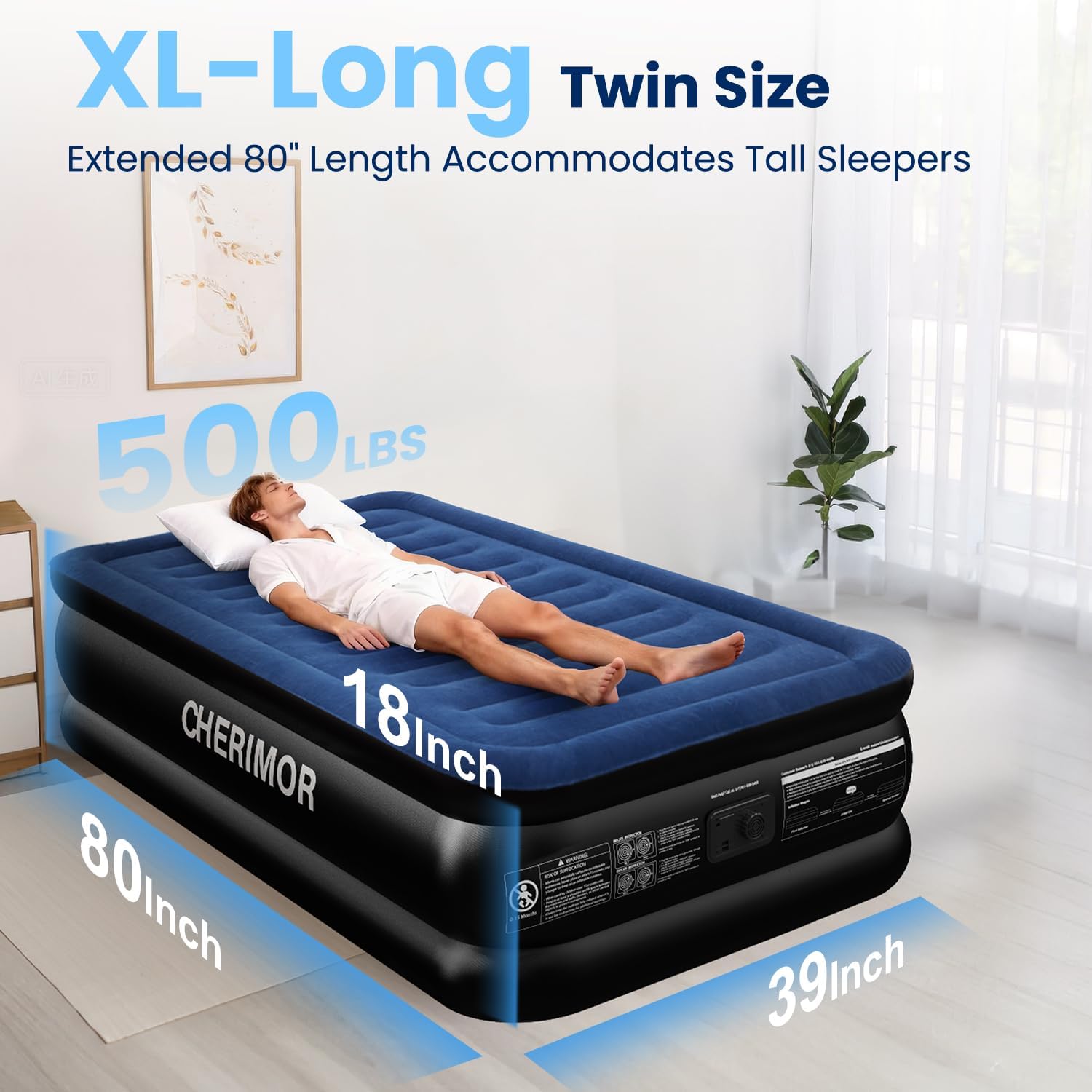 CHERIMOR Twin XL Air Mattress with Built in Pump, Upgraded 80" Length, 18" Raised Twin Blow Up Mattress, Multi-Layer Leakproof & Support 500 lbs, 2-Min Fast Inflation Air Bed for Home Camping Guests