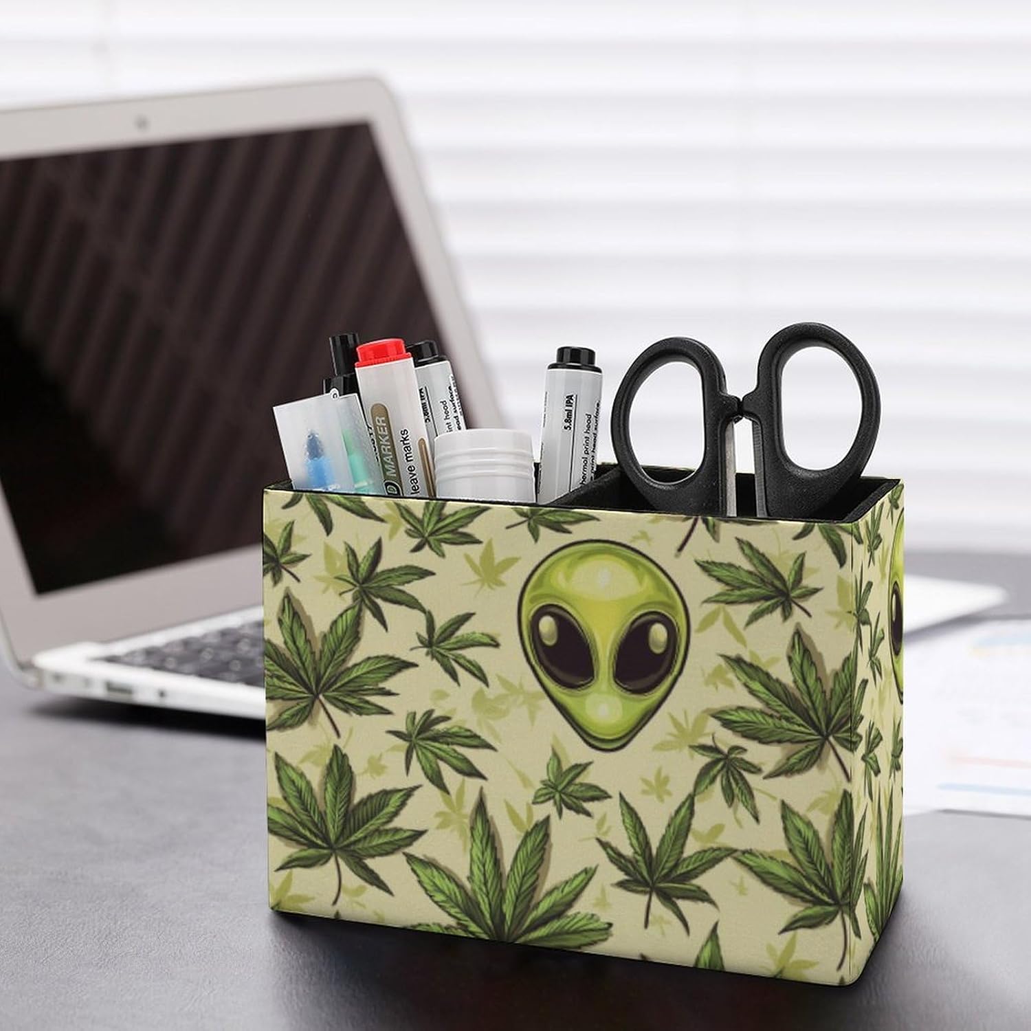 Aliens-Weed Leaf Pencil Pen Holder PU Leather Desk Storage Organizer Makeup Brush Box
