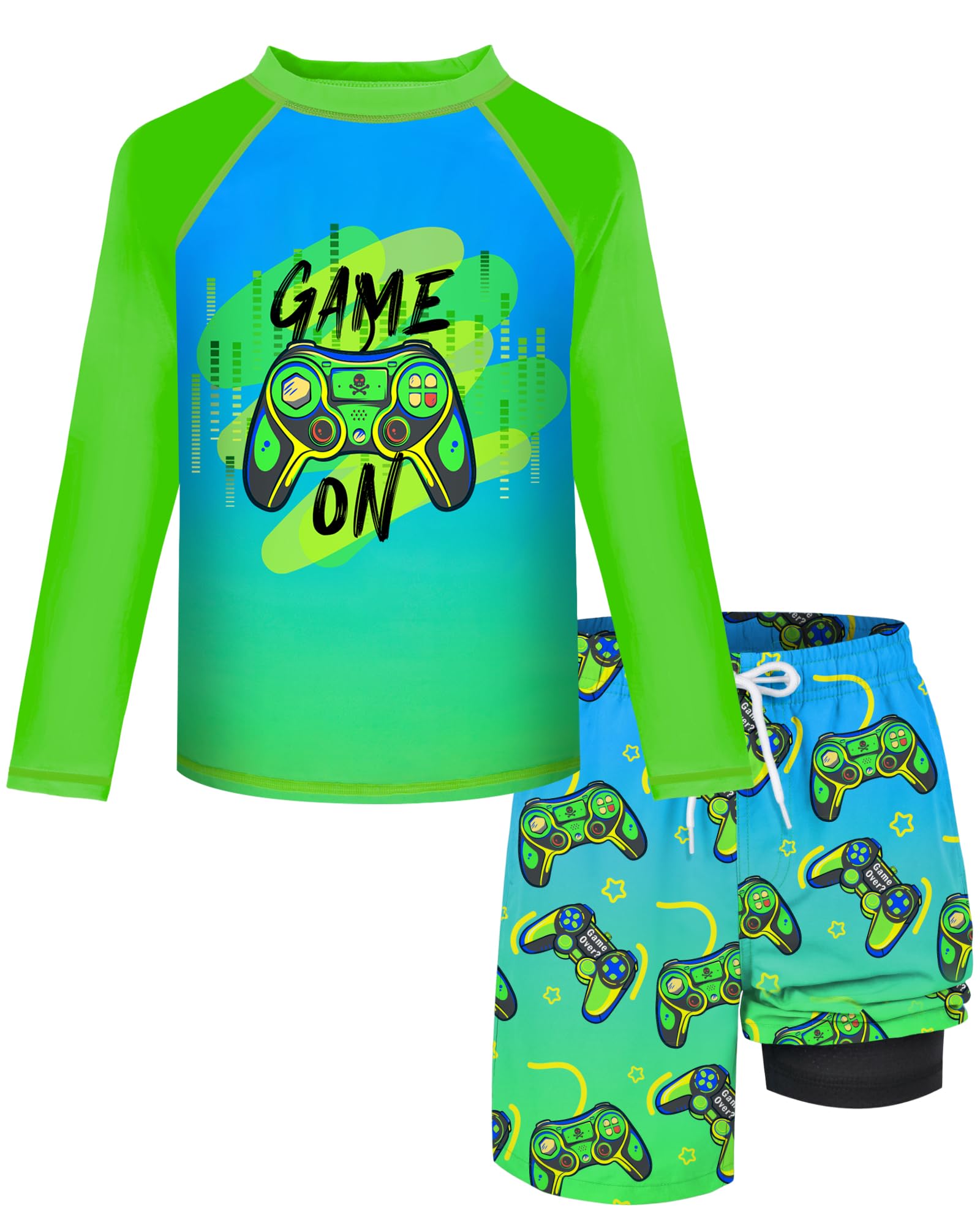 Boys Rash Guard Swim Set with Swim Trunks Bathing Suit Long Sleeve Swim Shirt Quick Dry Swimsuit Kids Swimwear Size 7-16