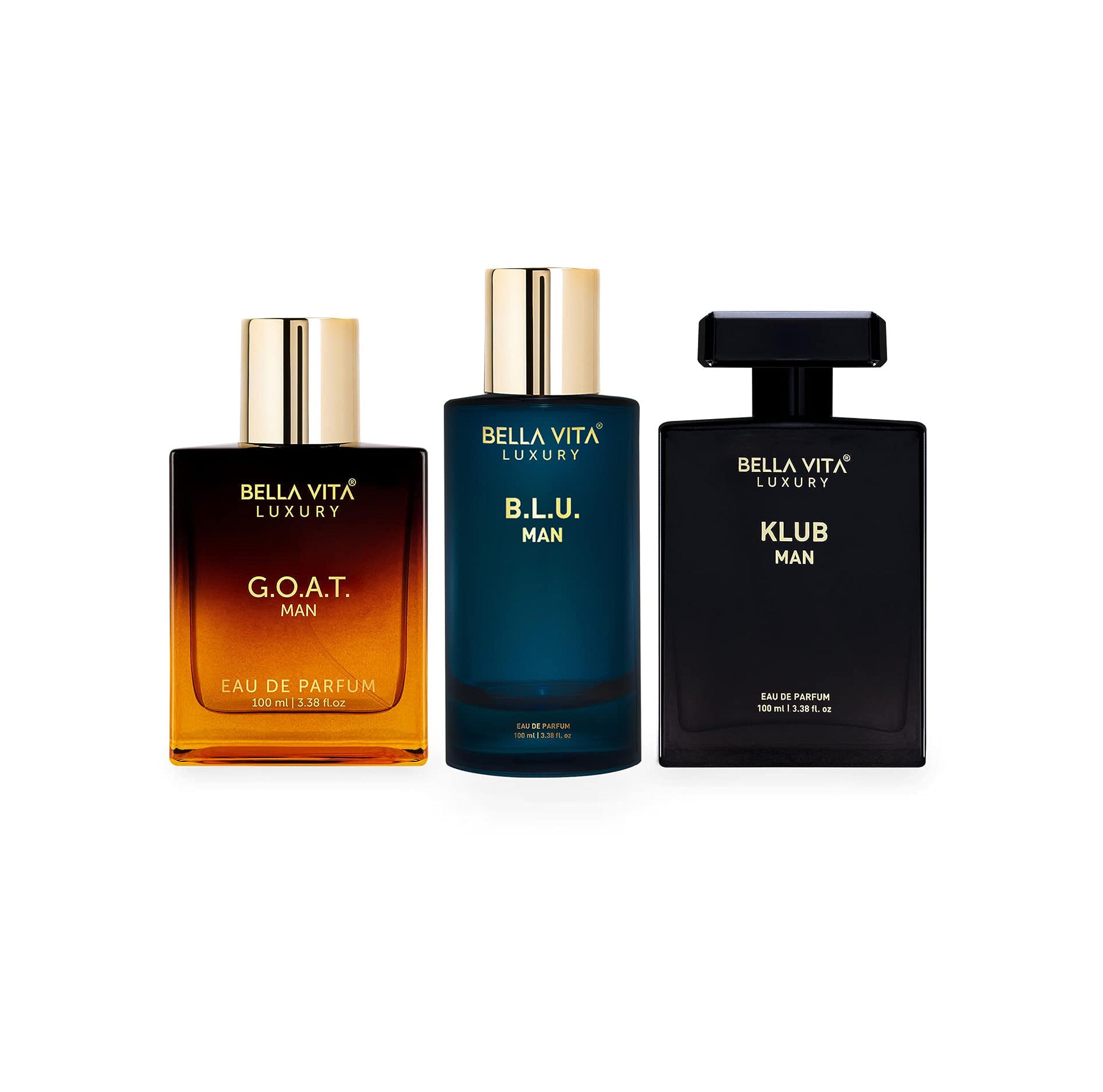 Bella Vita Luxury Best Of Men Parfüm-Kombination, Packung mit 3 hochwertigen, langlebigen EDP-Duftdüften – GOAT, BLU, KLUB, je 100 ml