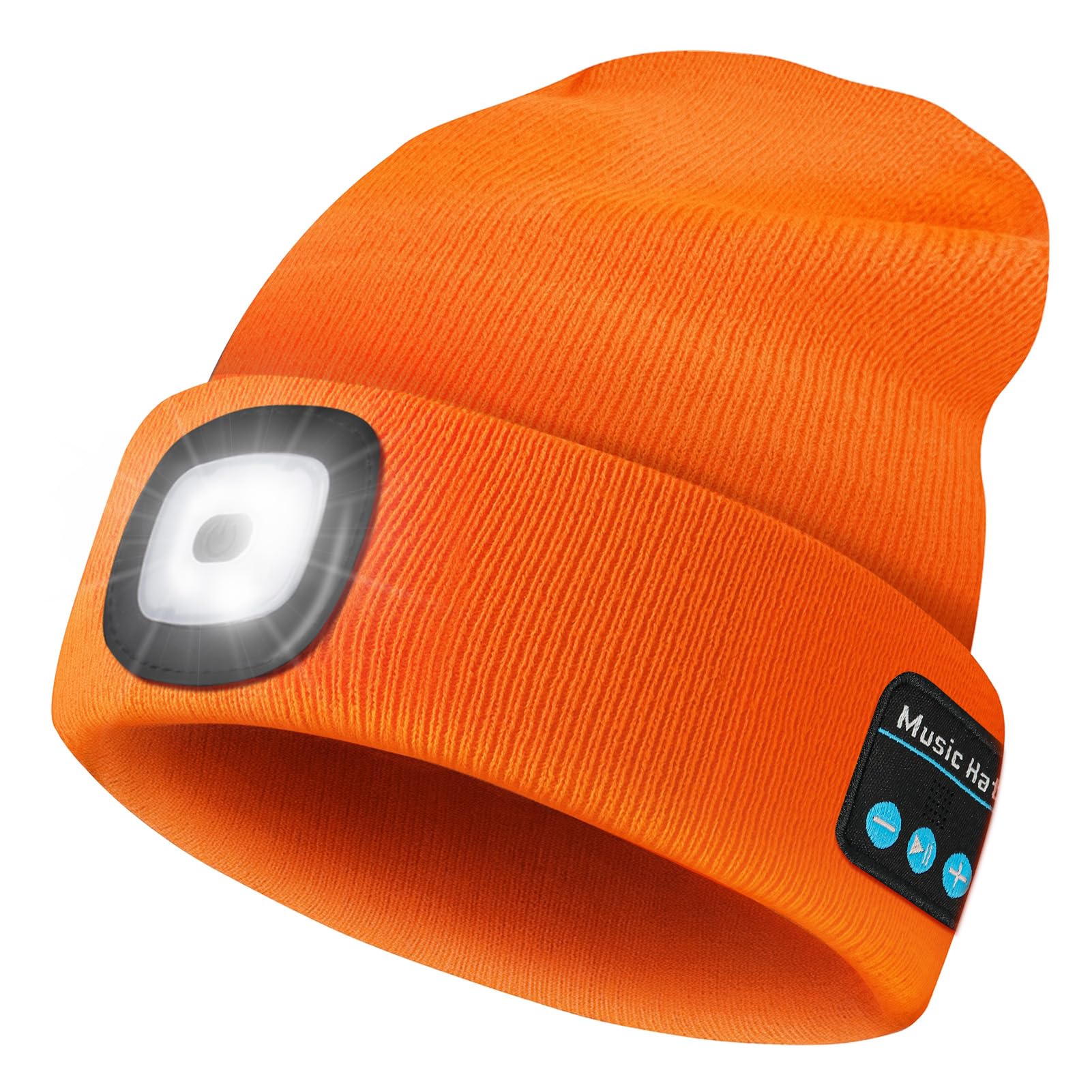 SYMNTEM Gifts for Men, Rechargeable Bluetooth Music Unisex Beanie Hat with Light, Valentines Day Gifts for Him, Birthday Gifts for Men, Women, Orange