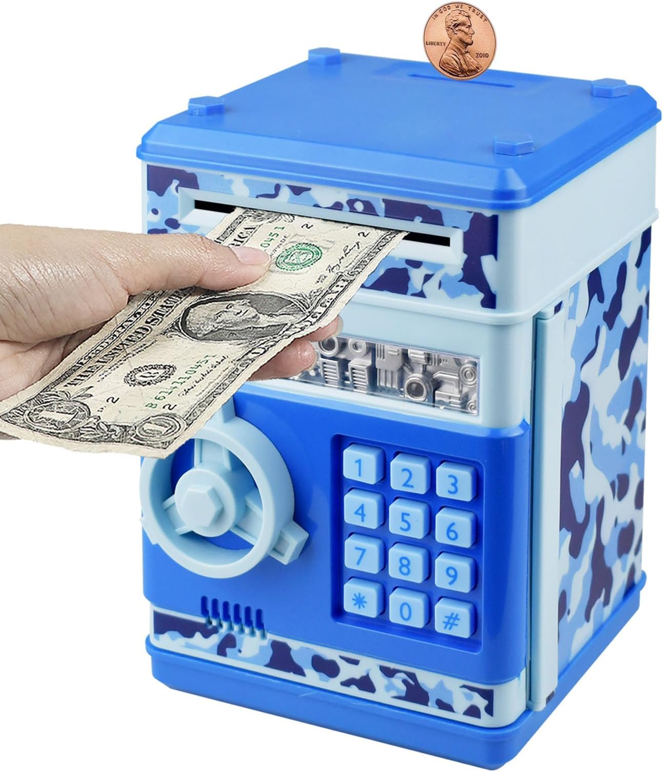 電子貯金箱 コードロック 子供用 赤ちゃんのおもちゃ ミニ ATM 金庫 コインキャッシュバンク リアルマネー節約ボックス パスワード付き 自動マネースクロール 子供用 男の子 女の子 誕生日プレゼント (迷彩ブルー)