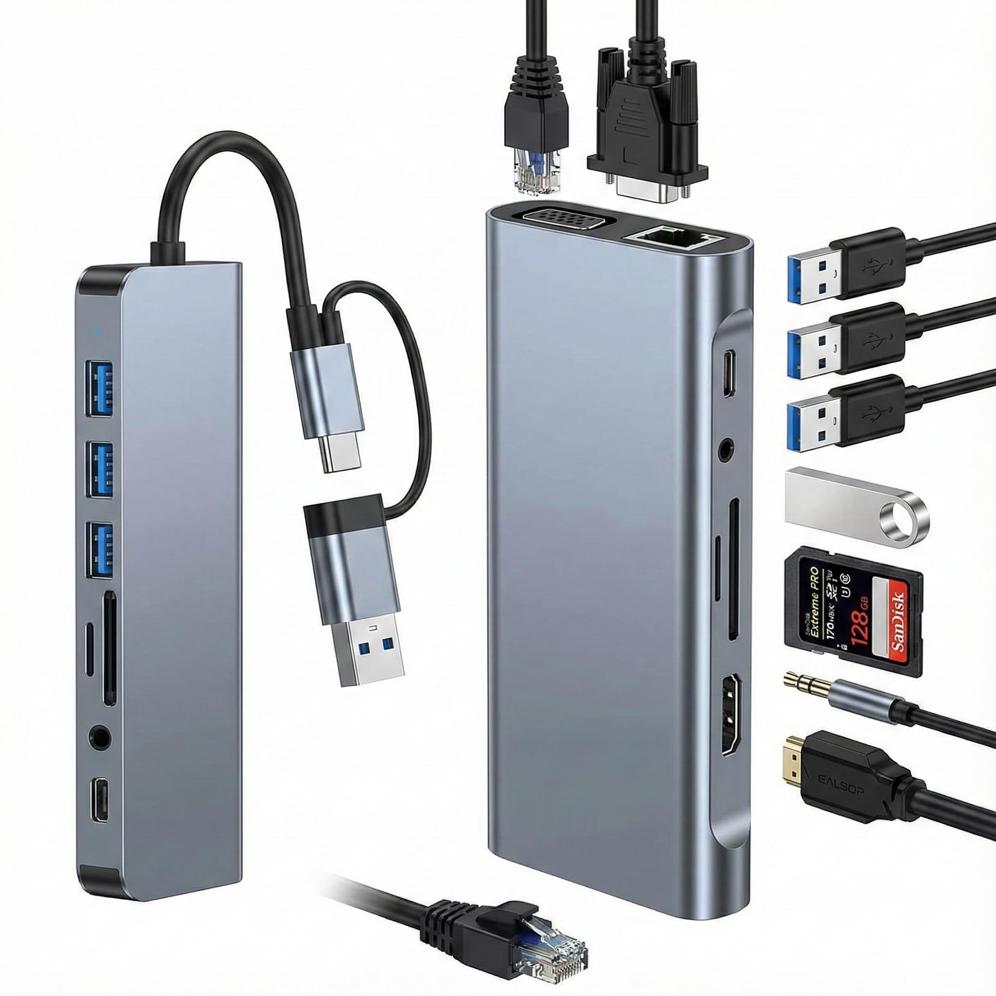 USB C Hub, 11-in-1 Docking Station with 4K HDMI, VGA, 4 USB Ports, Type-C PD, RJ45 Ethernet, SD/TF Card Slots, 3.5 mm Audio, Compatible with MacBook Pro/Air and Other USB-C Laptops (8 in 1)