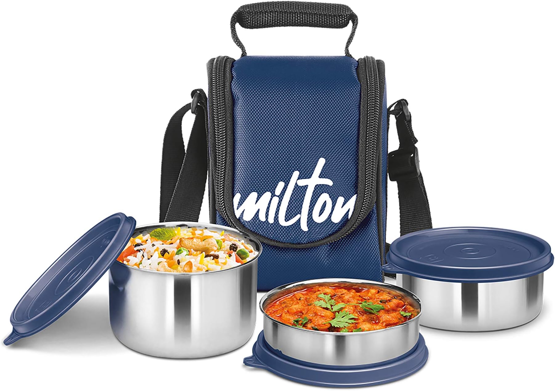MILTON 4-Piece Lunch Box Set with Insulated Bag - Includes Stainless Steel Containers (500ml, 320ml, 200ml), Keeps Food Hot, Ideal for School Kids & Office Tiffin - Tasty Lunch - Blue