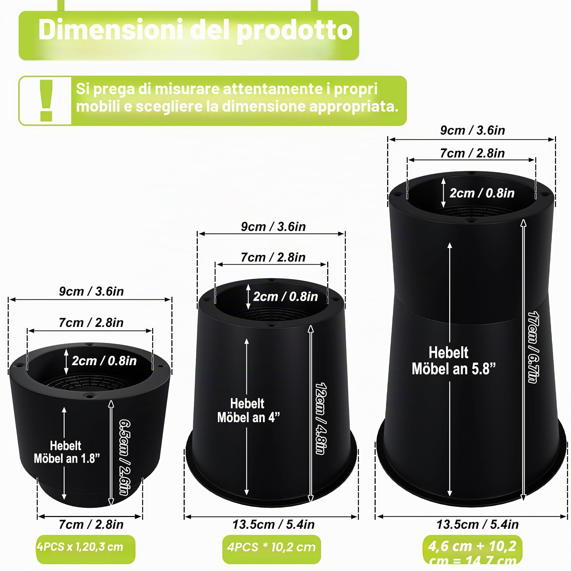 Froadp 8 pezzi rialzo per letto e rialzo per tavolo combinati, rialzo per mobili impilabile per tavolo, letto, divano, pratici blocchi in polipropilene come estensione della gamba del tavolo e piedini