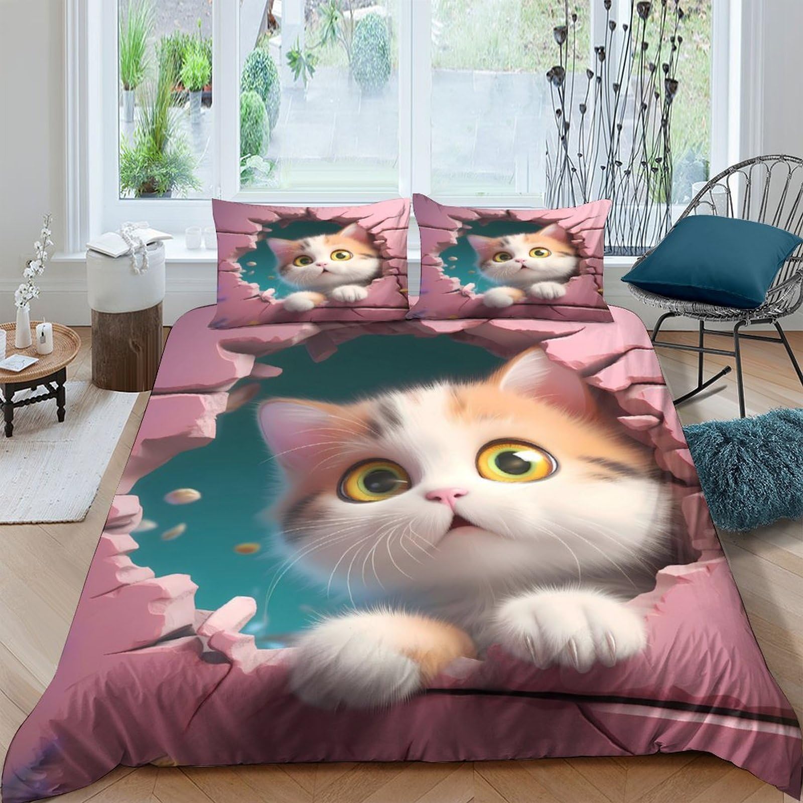 Ctjqhvkz Style-4 3D Printed Cute Cat Fitted Sheet Microfiber Pink Cartoon Kitten Mattress Cover Anti-Slip Machine Washable For Bedroom Home Decor Single（135X200cm）