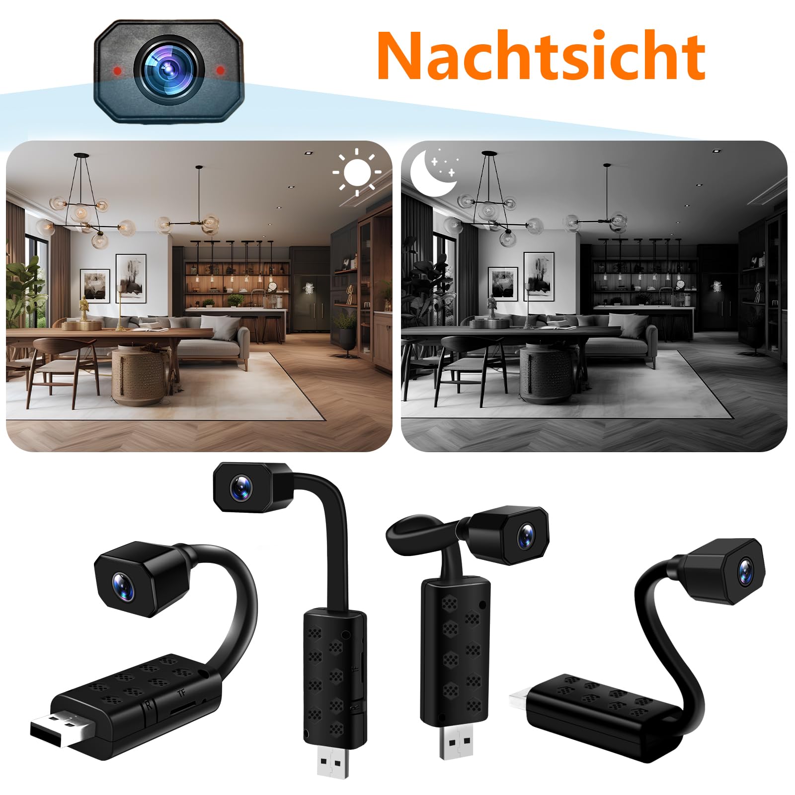Mini HD Kamera WLAN, 4K UHD Kleine Kmera USB, Plug and Play Mini Bodycam WiFi mit Nachtsicht und Bewegungserkennungswarnung