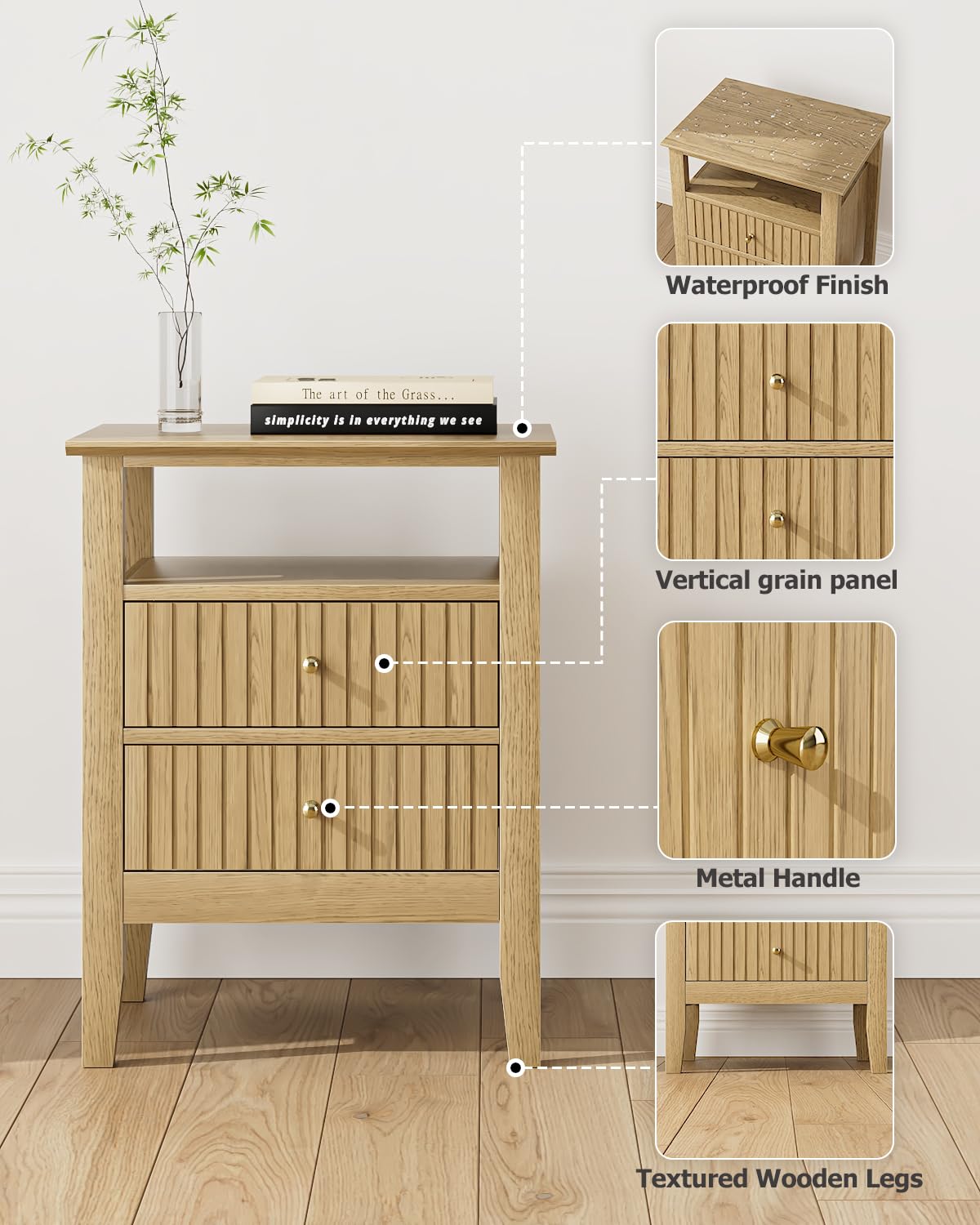 HEYZOEY Mesita de noche retro con 2 cajones, mesita de noche de madera maciza, estilo bohemio, para dormitorio, salón, roble miel