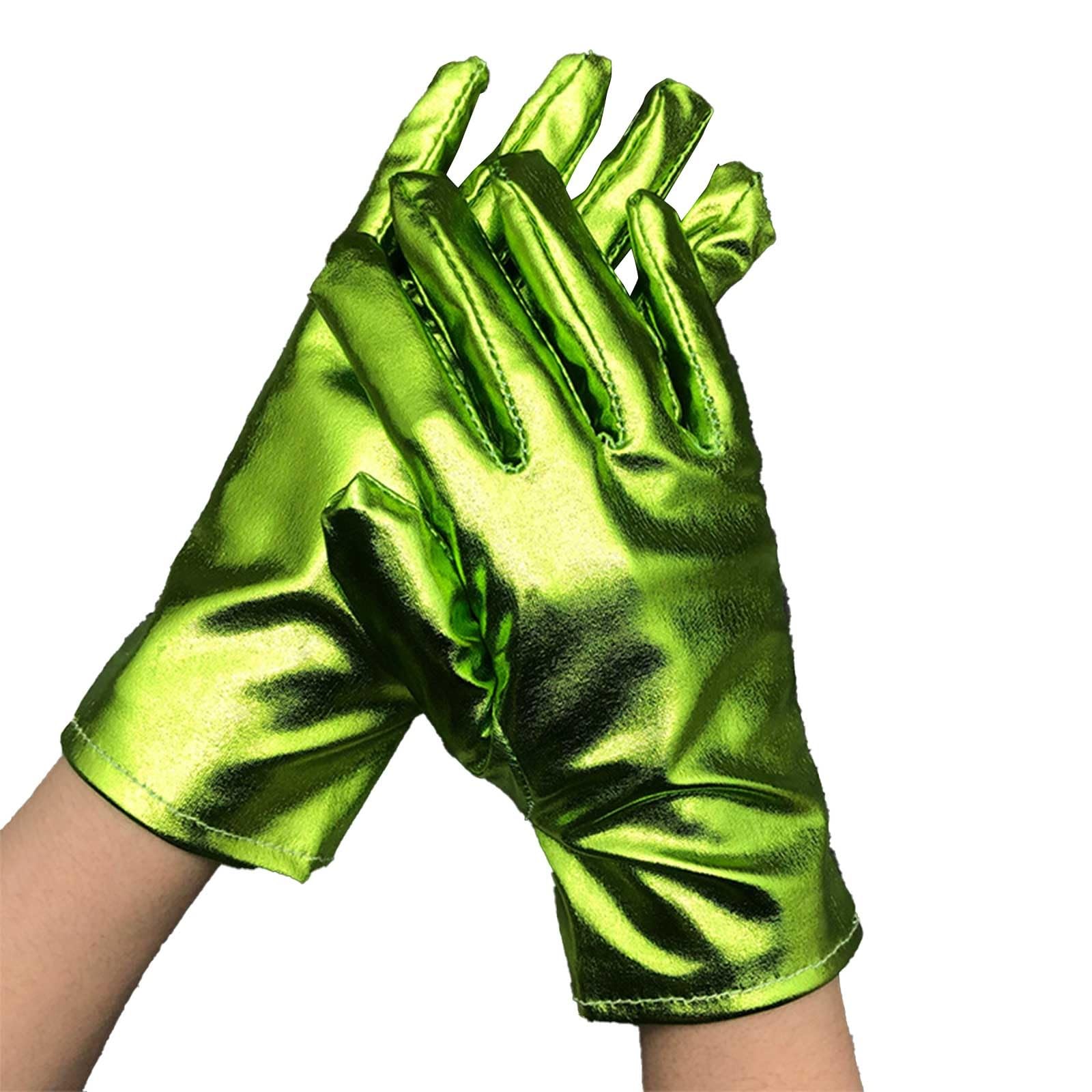 Momolaa 2 Pairs Adult Unisex Shiny Metallic Spandex Gloves Short Metallic Gloves Shiny Opera Cosplay Gloves Role Play Party Glove for Adult Carnival Gloves Green