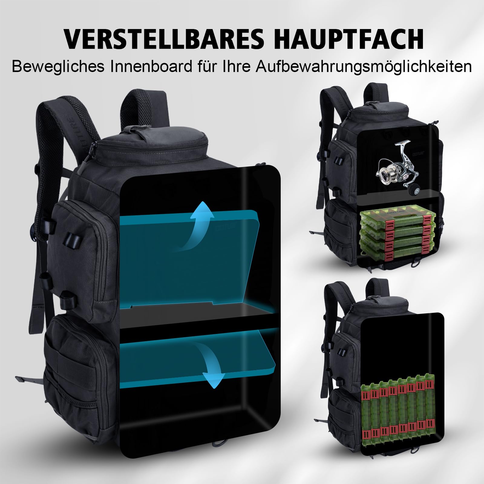 Goture Angelrucksack mit 4 Köderbox Angeln, 45-Liter Angelzubehör-Rucksack mit Zwei Rutenhaltern und Regenschutz, 900D Oxford-Gewebe Wasserabweisende Angelgerätetasche mit verstellbarem Fach
