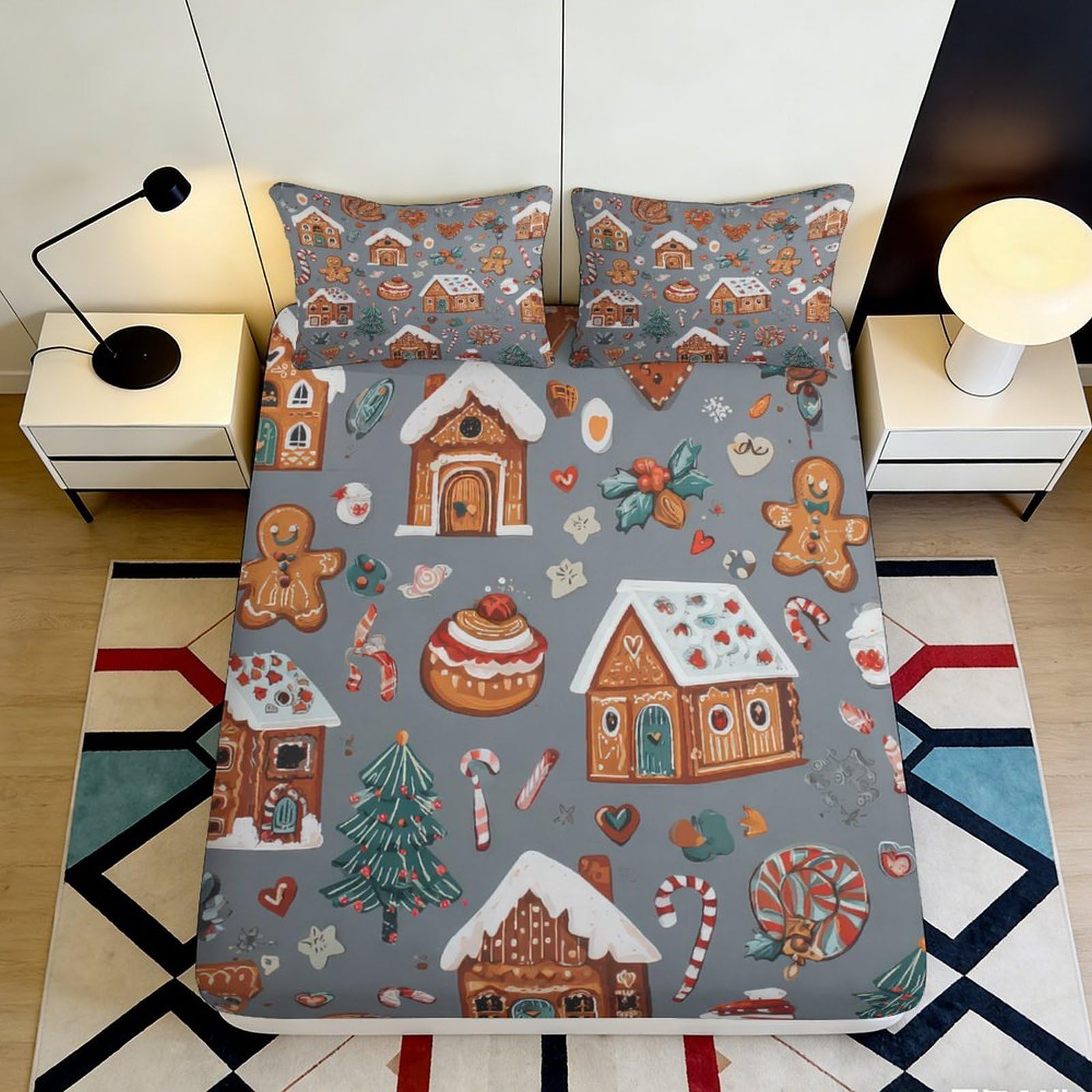 3D Printed Gingerbread House Fitted Sheet Microfiber Non-Slip Candy Cane Mattress Cover for Bedroom Guest Room 160x200x25cm