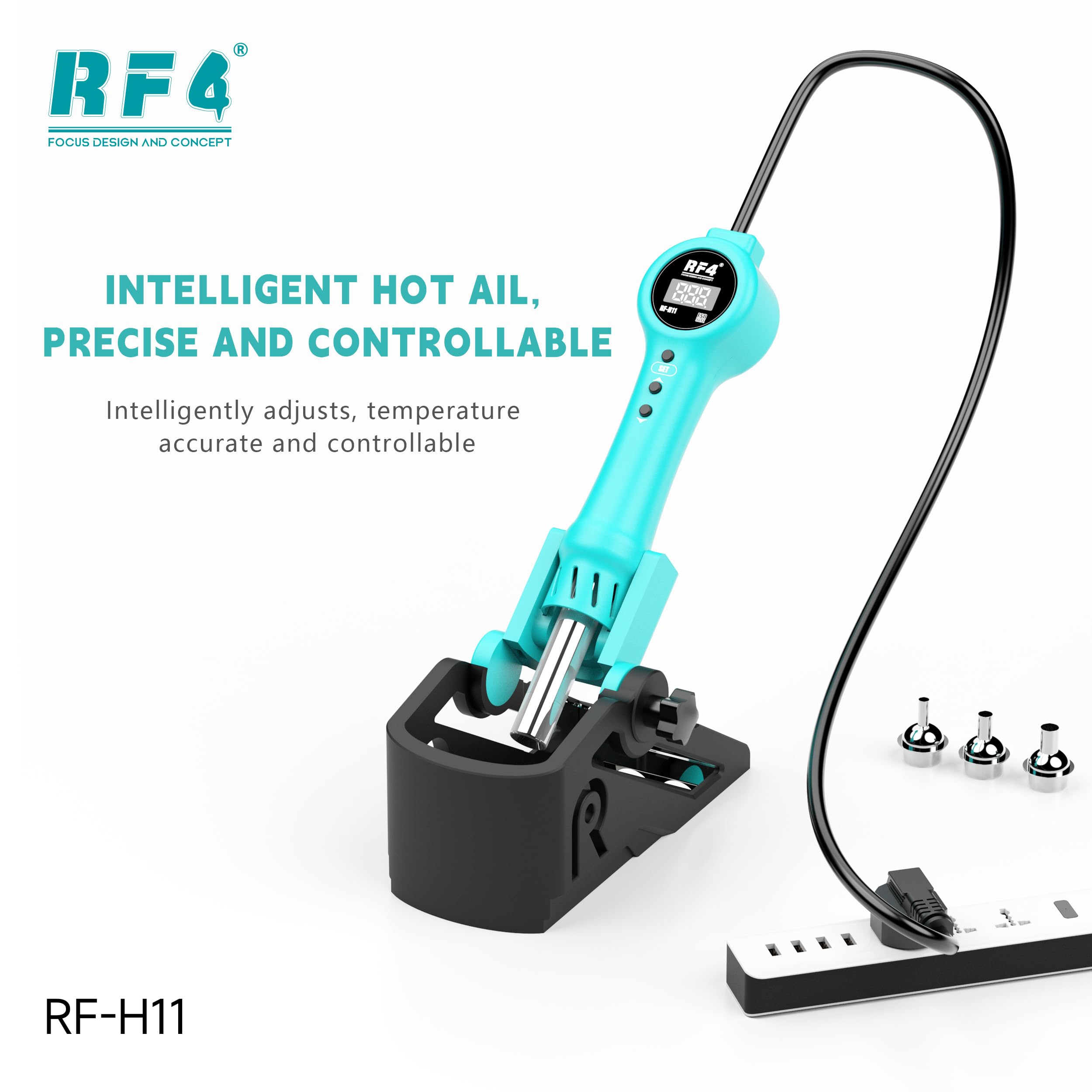 Pistola de aire caliente integrada RF-H11 con base de reposo, hasta 500°, pantalla LCD de aire caliente, ajuste de viento de 10 niveles, reparación de soldadura de PCB y CI