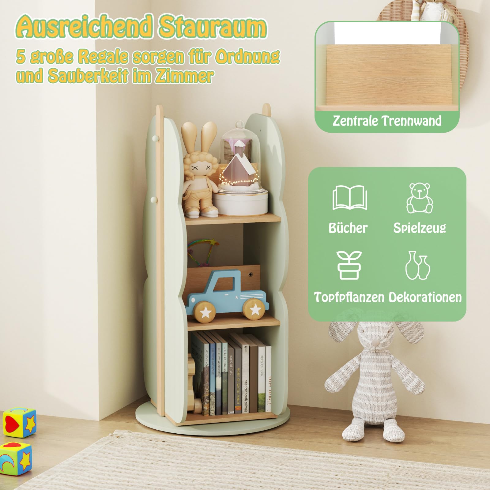 COSTWAY Bücherregal Kinder, drehbares Kinderregal mit 3 Ebenen & 5 offene Fächern, Regal Kinderzimmer, Drehregal Spielzeugregal freistehend für Kinderzimmer, Spielzimmer, Wohnzimmer, Kindergarten