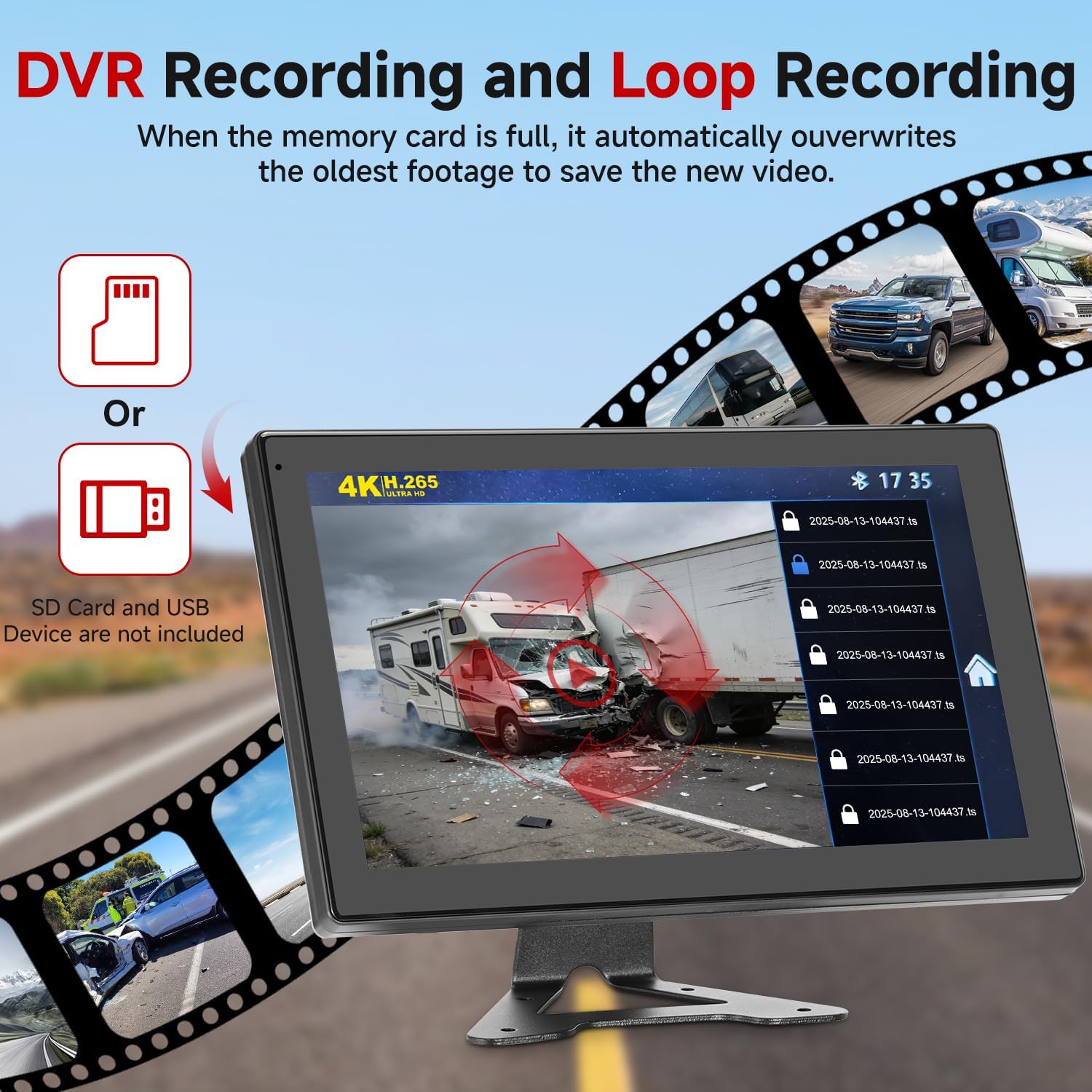 RV Backup Camera System - 10.1 Inch 4K Touchable 4 CH Monitor, 1080P IP69 Waterproof Wired Camera, DVR Loop Recording Bluetooth for Semi Truck Trailer Camper Pickup Bus